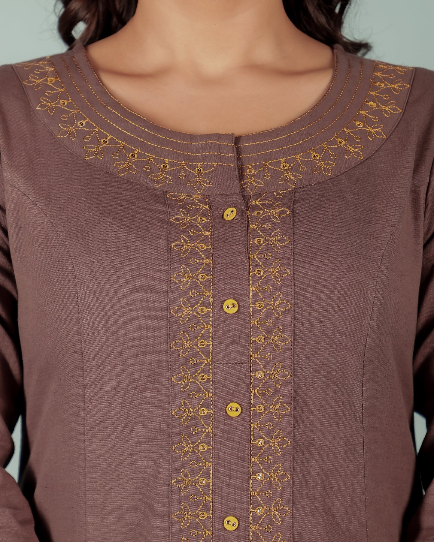 Linen Cotton Solid A-line Brown Kurta