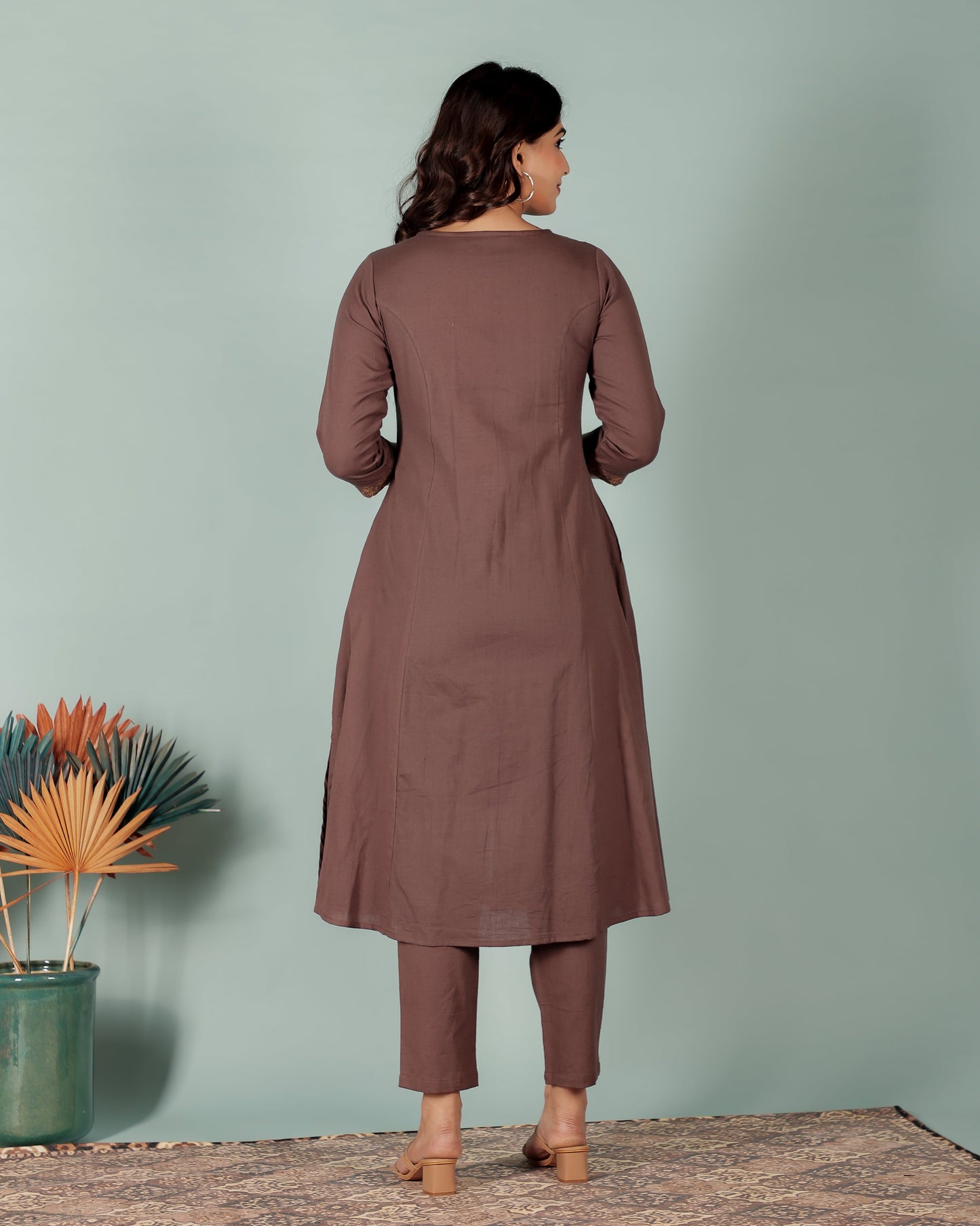 Linen Cotton Solid A-line Brown Kurta