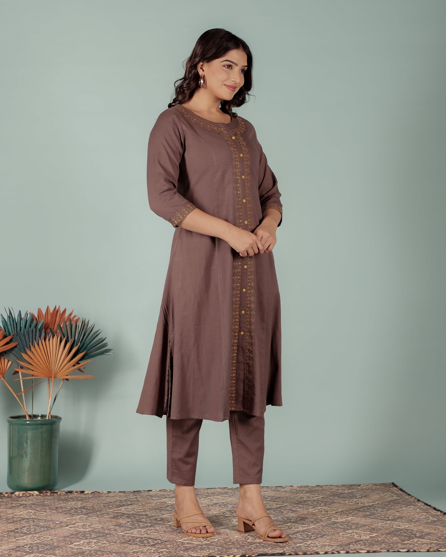 Linen Cotton Solid A-line Brown Kurta