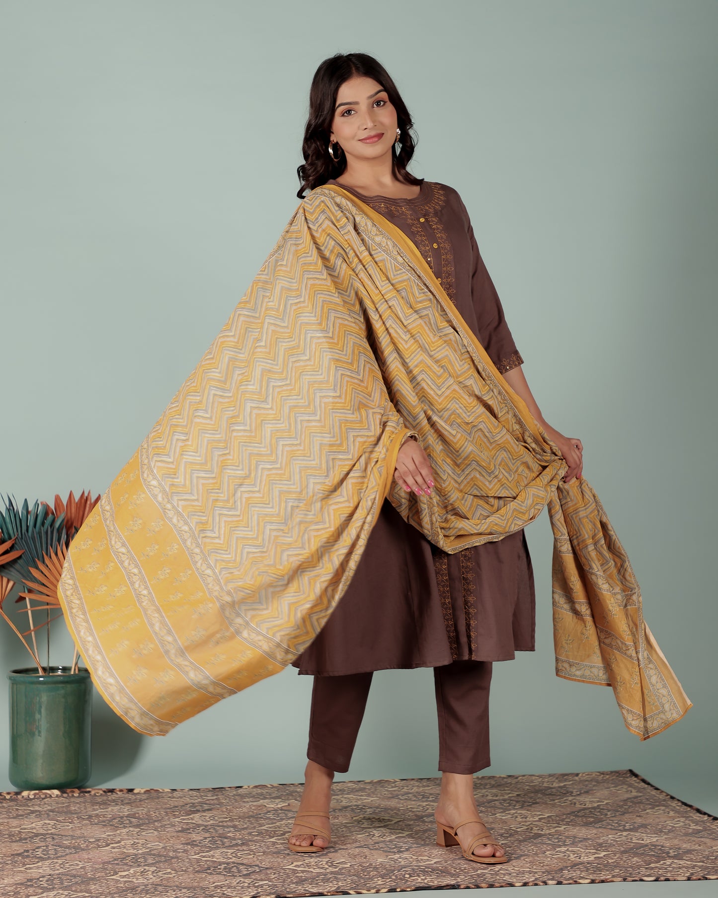 Linen Cotton Solid A-line Brown Kurta