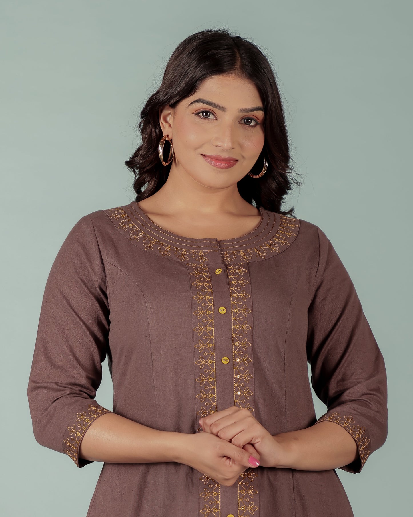 Linen Cotton Solid A-line Brown Kurta