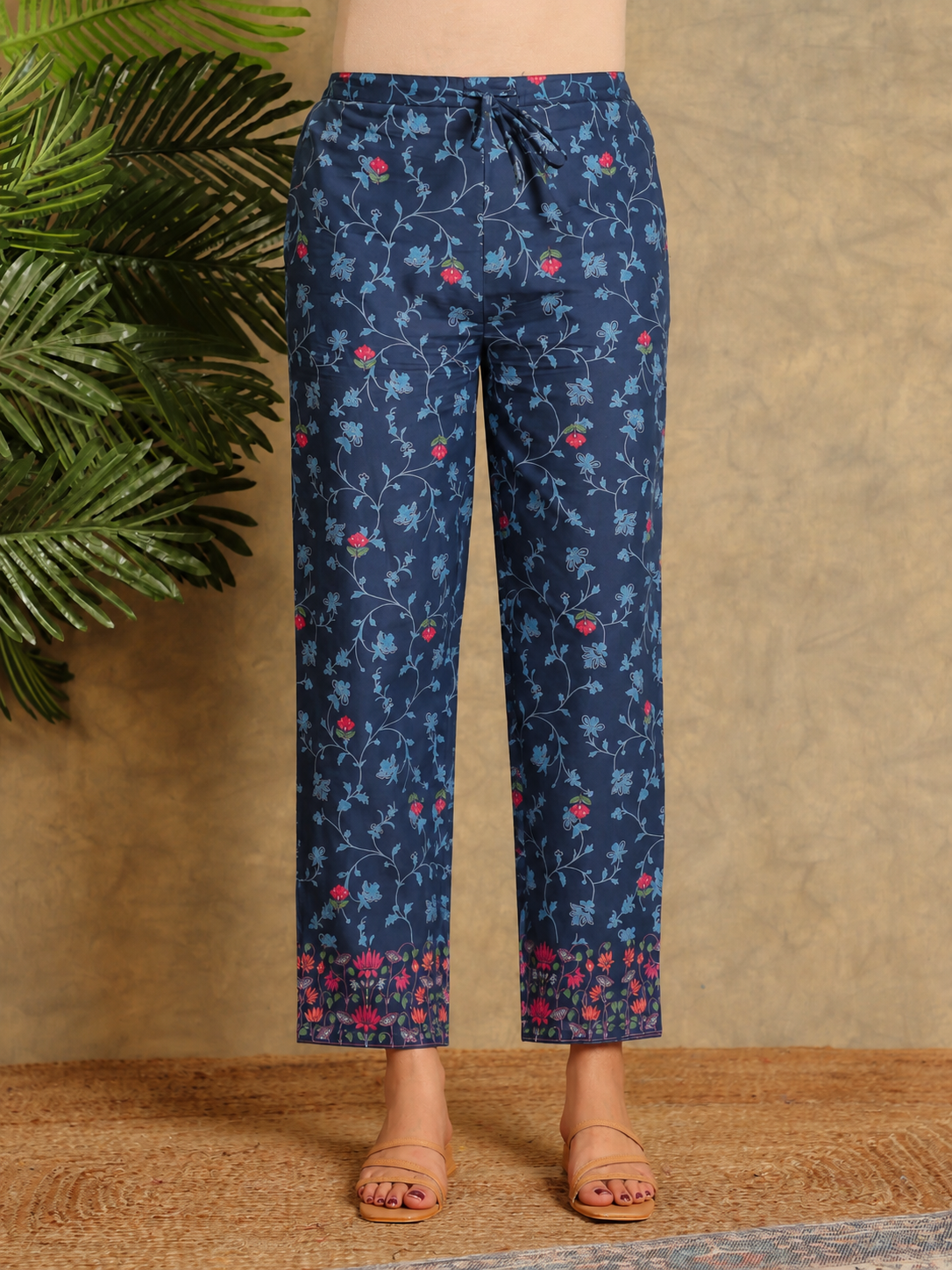 Soft Cotton Floral Blue Tapered Trousers