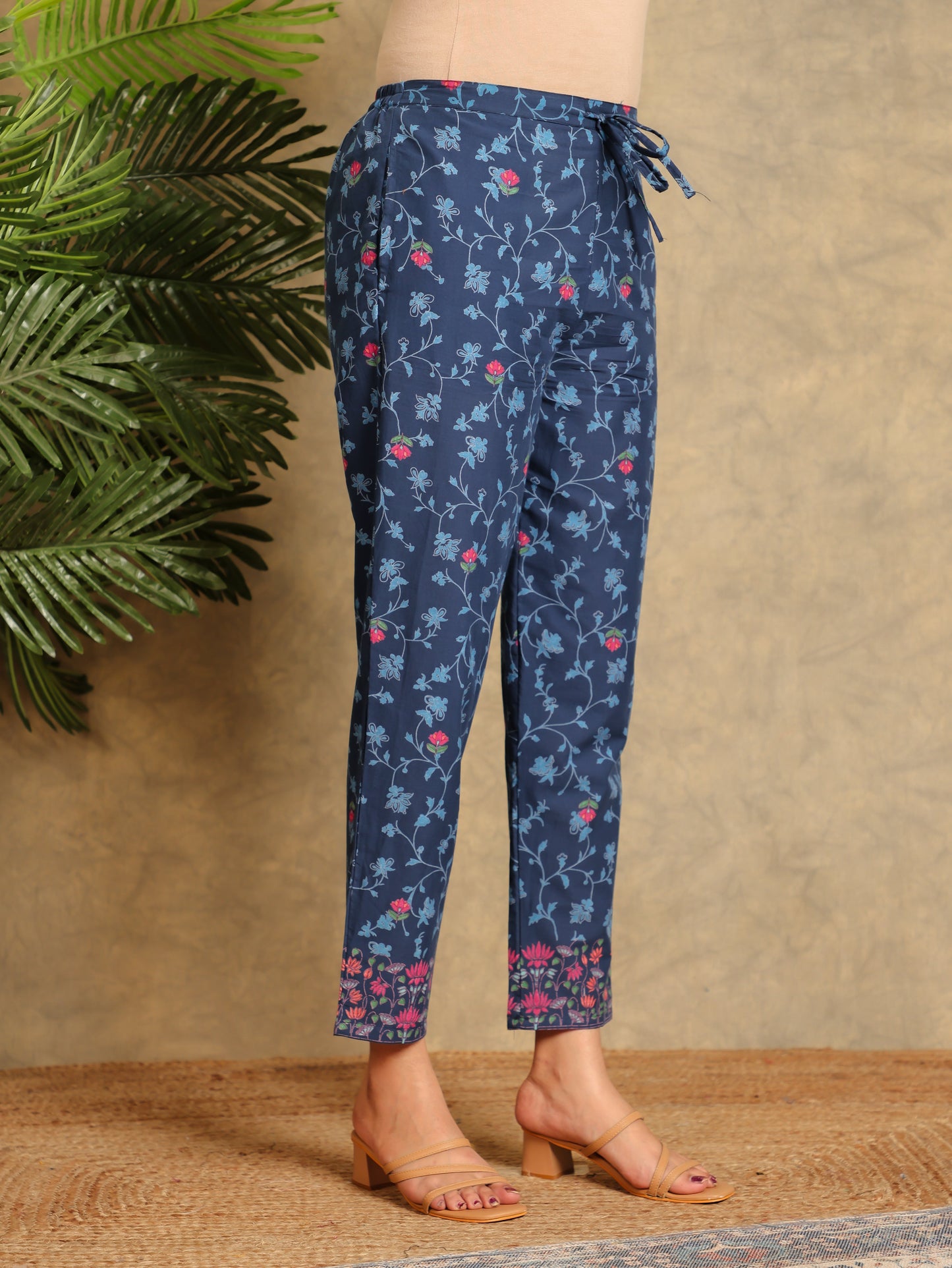 Soft Cotton Floral Blue Tapered Trousers