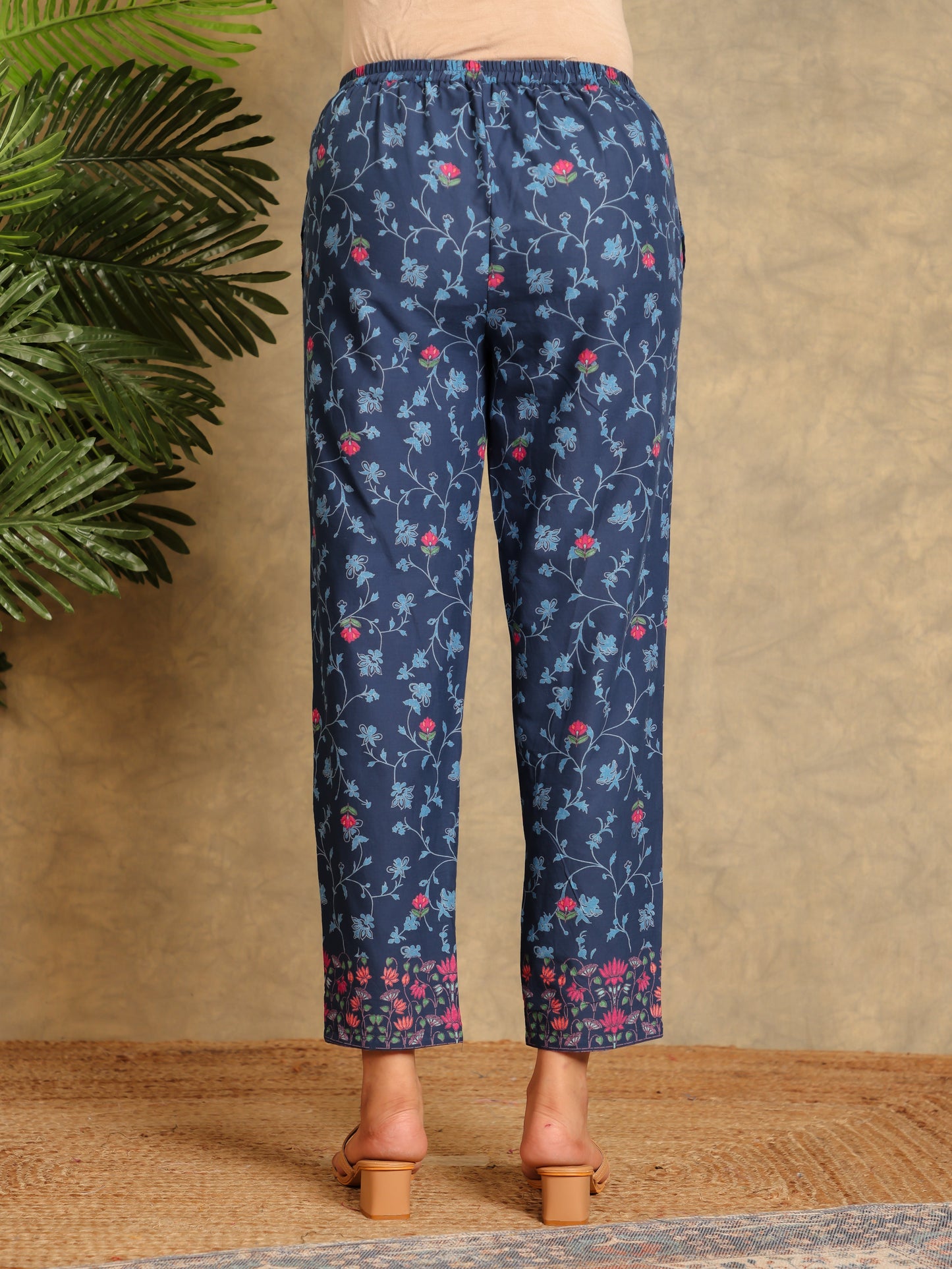 Soft Cotton Floral Blue Tapered Trousers