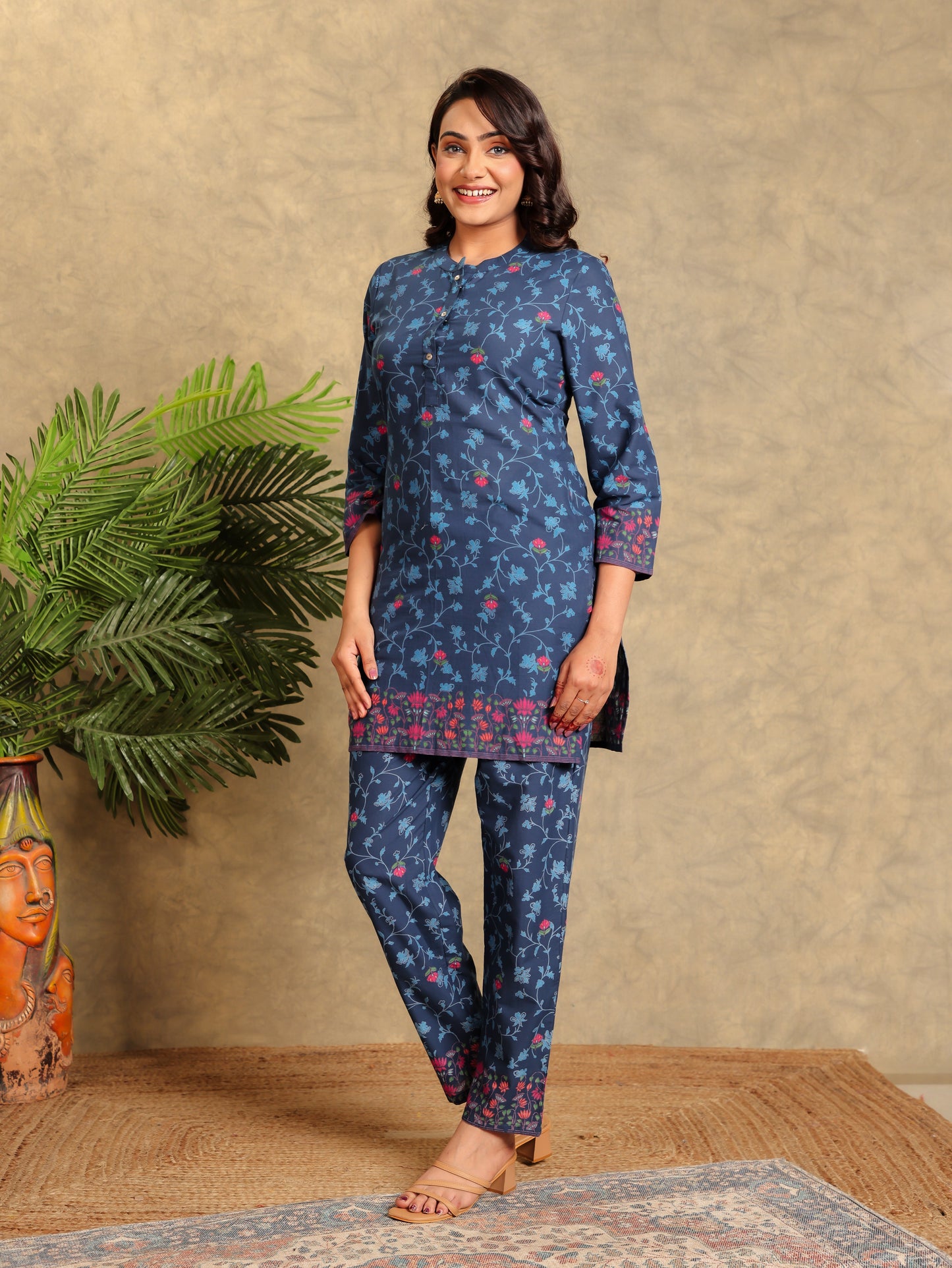 Soft Cotton Floral Straight Blue Kurta