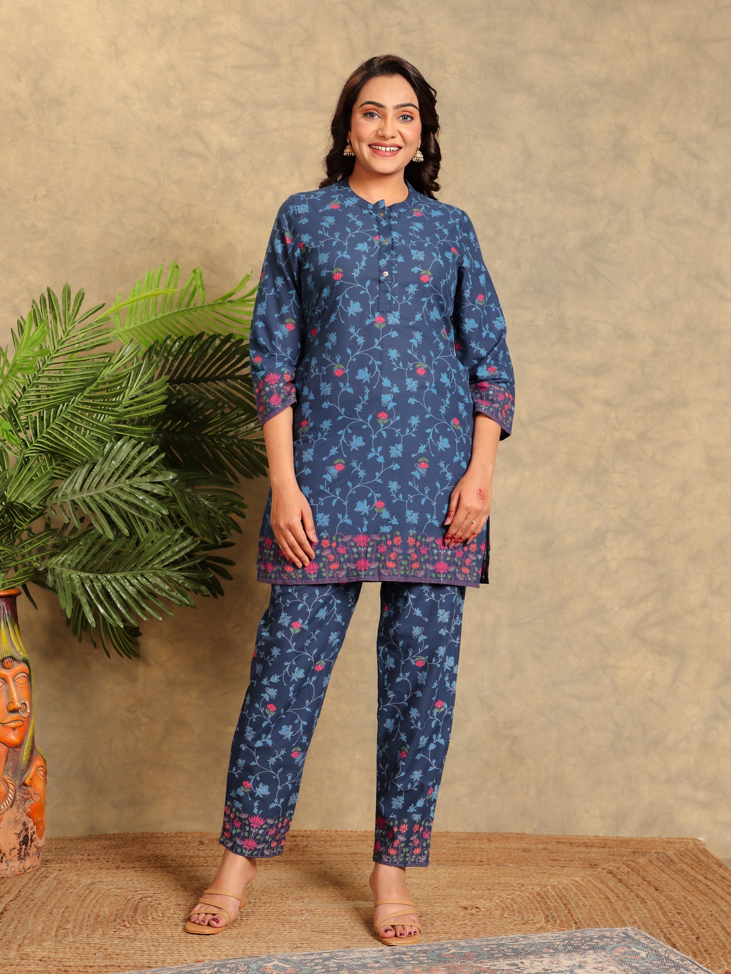 Soft Cotton Floral Straight Blue Kurta