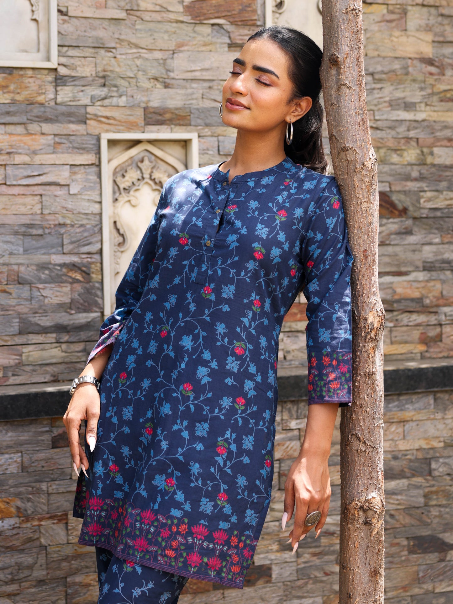 Soft Cotton Floral Straight Blue Kurta