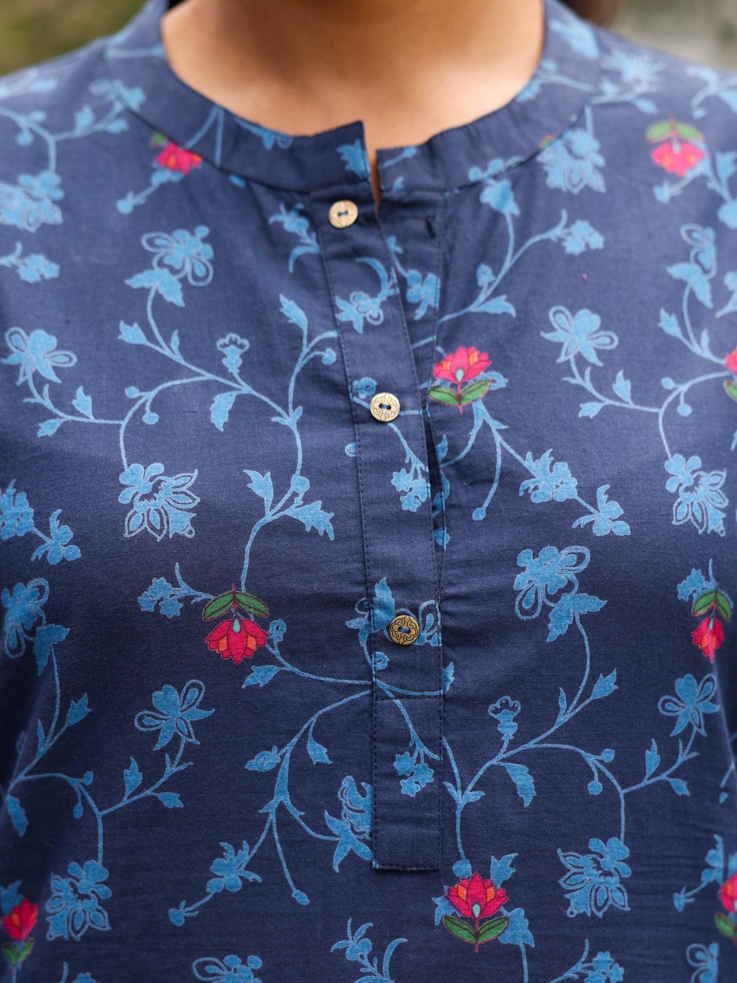 Soft Cotton Floral Straight Blue Kurta