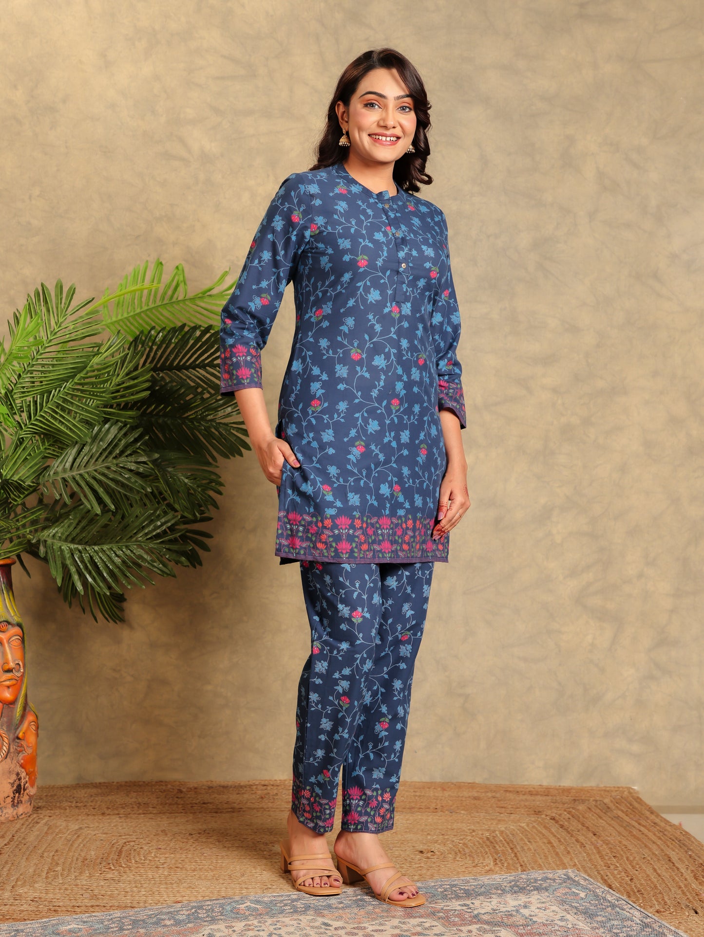 Soft Cotton Floral Straight Blue Kurta
