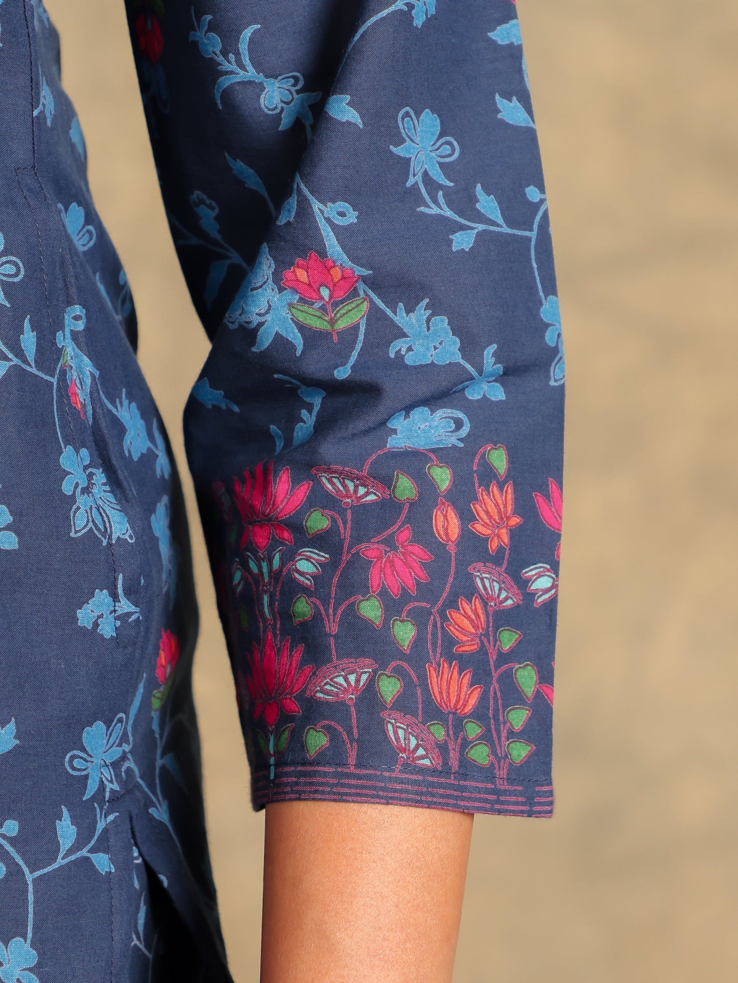 Soft Cotton Floral Straight Blue Kurta