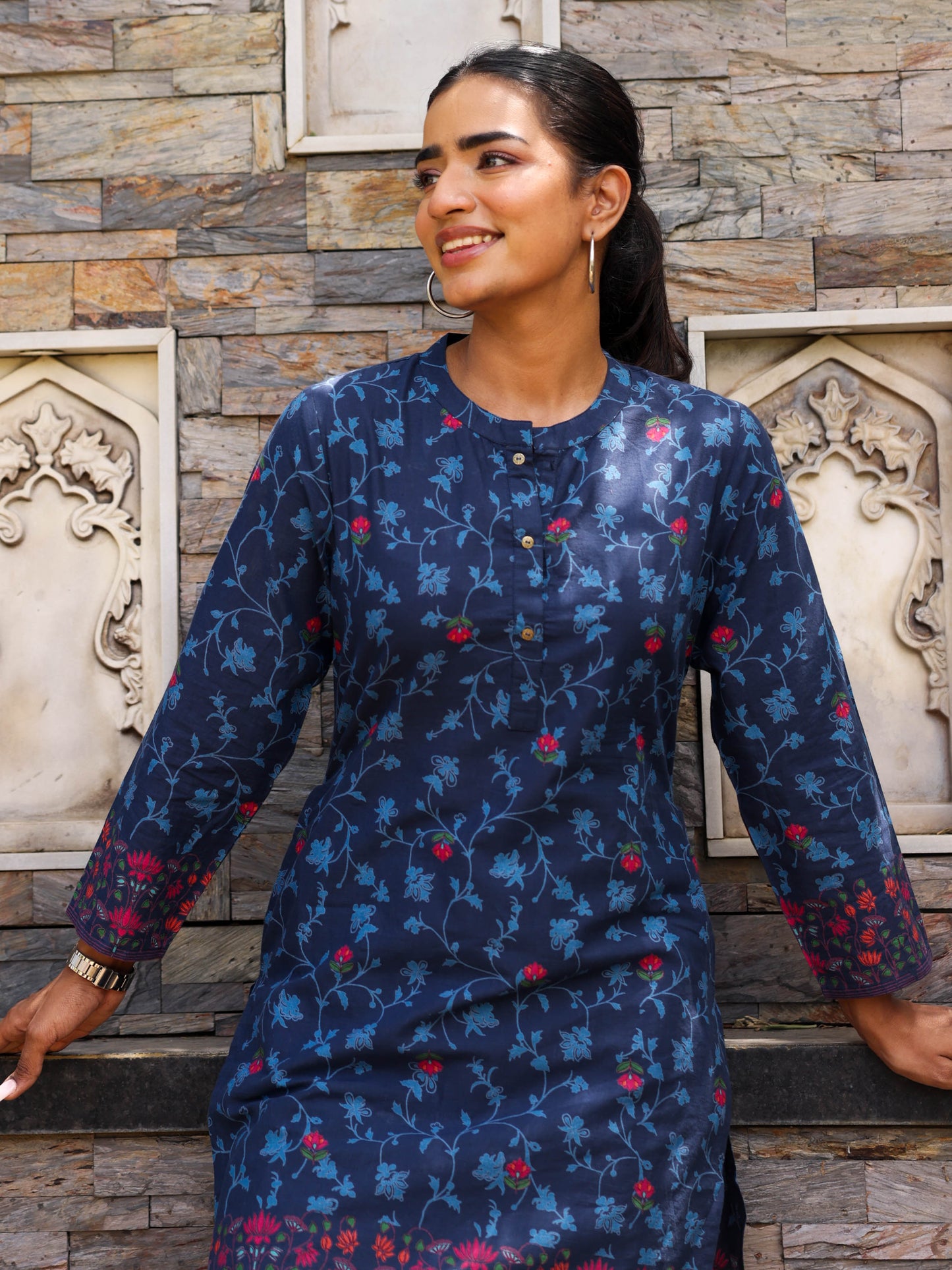 Soft Cotton Floral Straight Blue Kurta