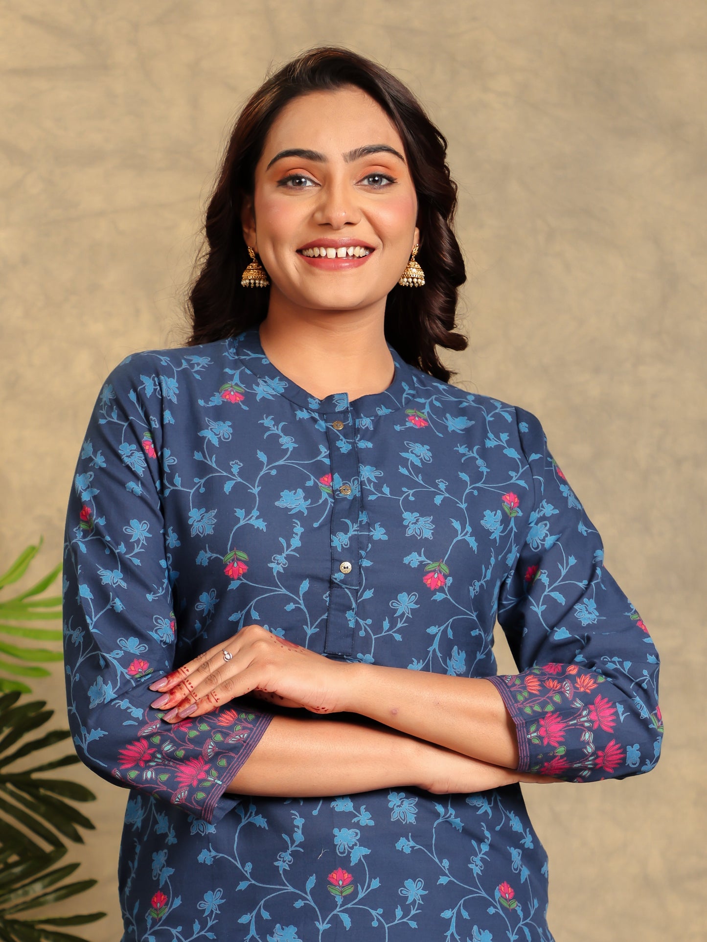 Soft Cotton Floral Straight Blue Kurta
