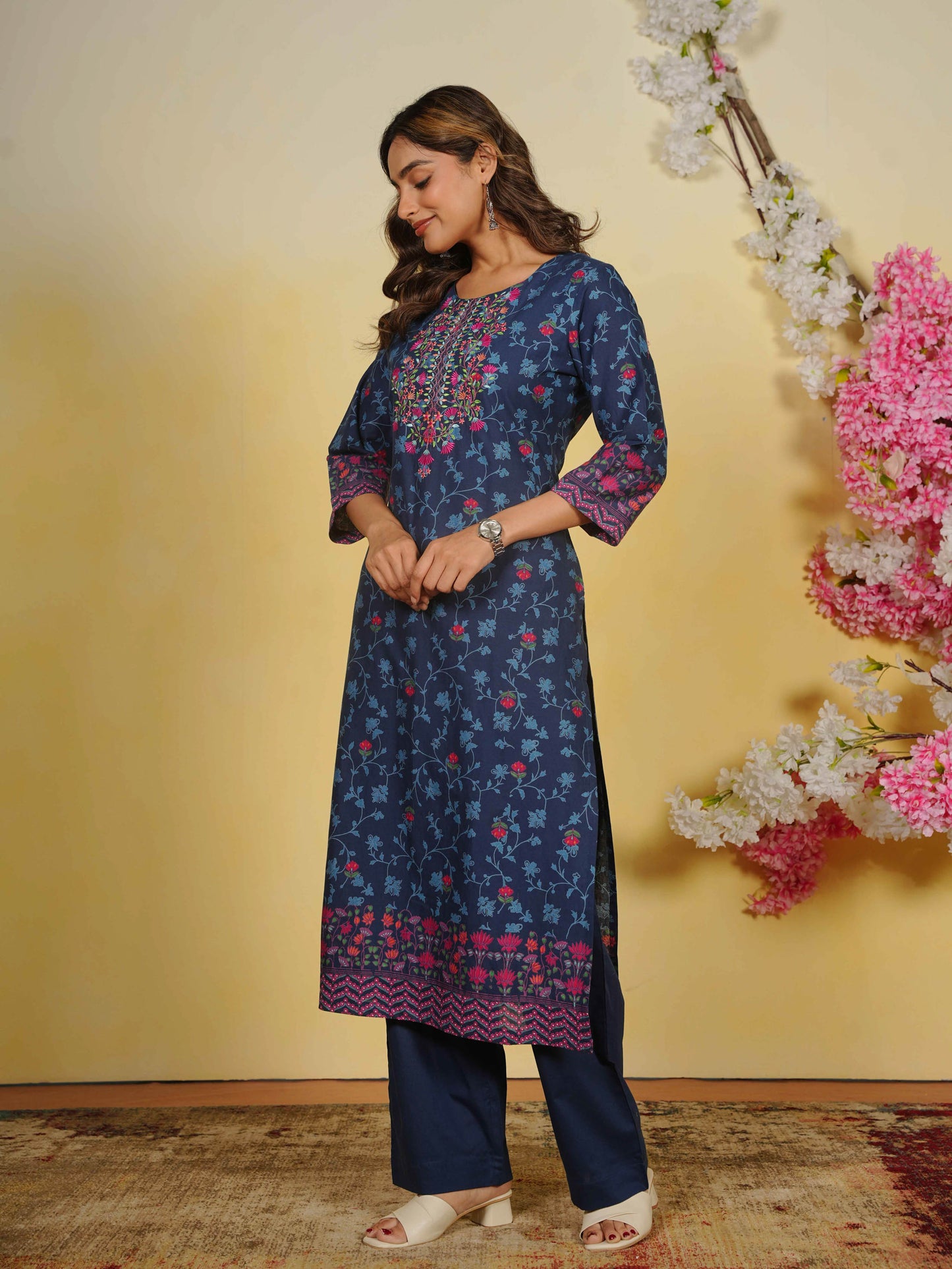 Embroidered Soft Cotton Floral Straight Indigo blue Kurta