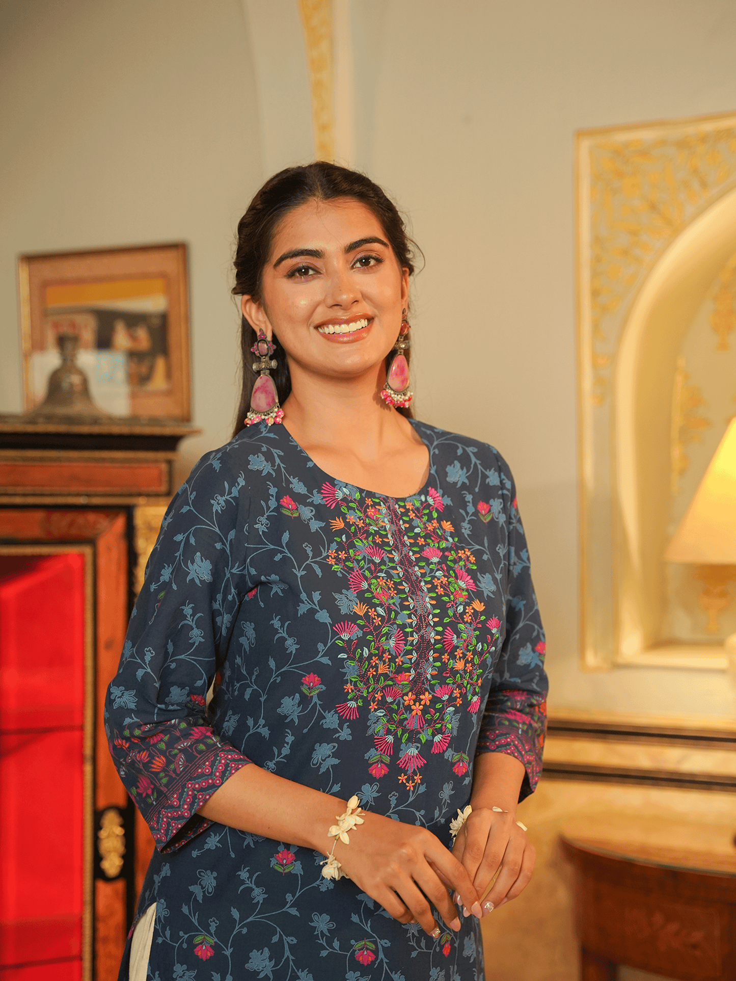 Embroidered Soft Cotton Floral Straight Indigo blue Kurta