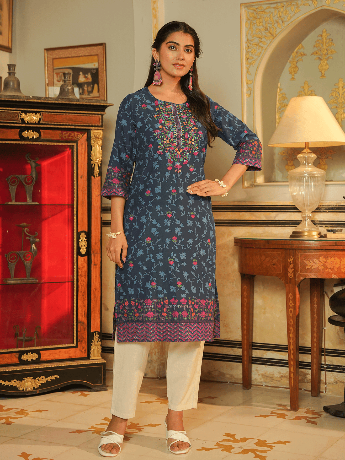 Embroidered Soft Cotton Floral Straight Indigo blue Kurta
