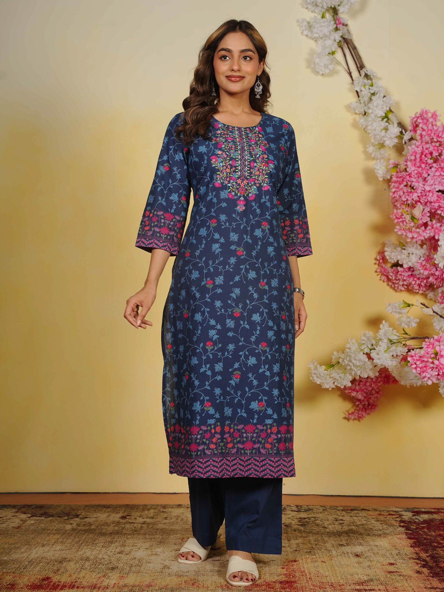 Embroidered Soft Cotton Floral Straight Indigo blue Kurta