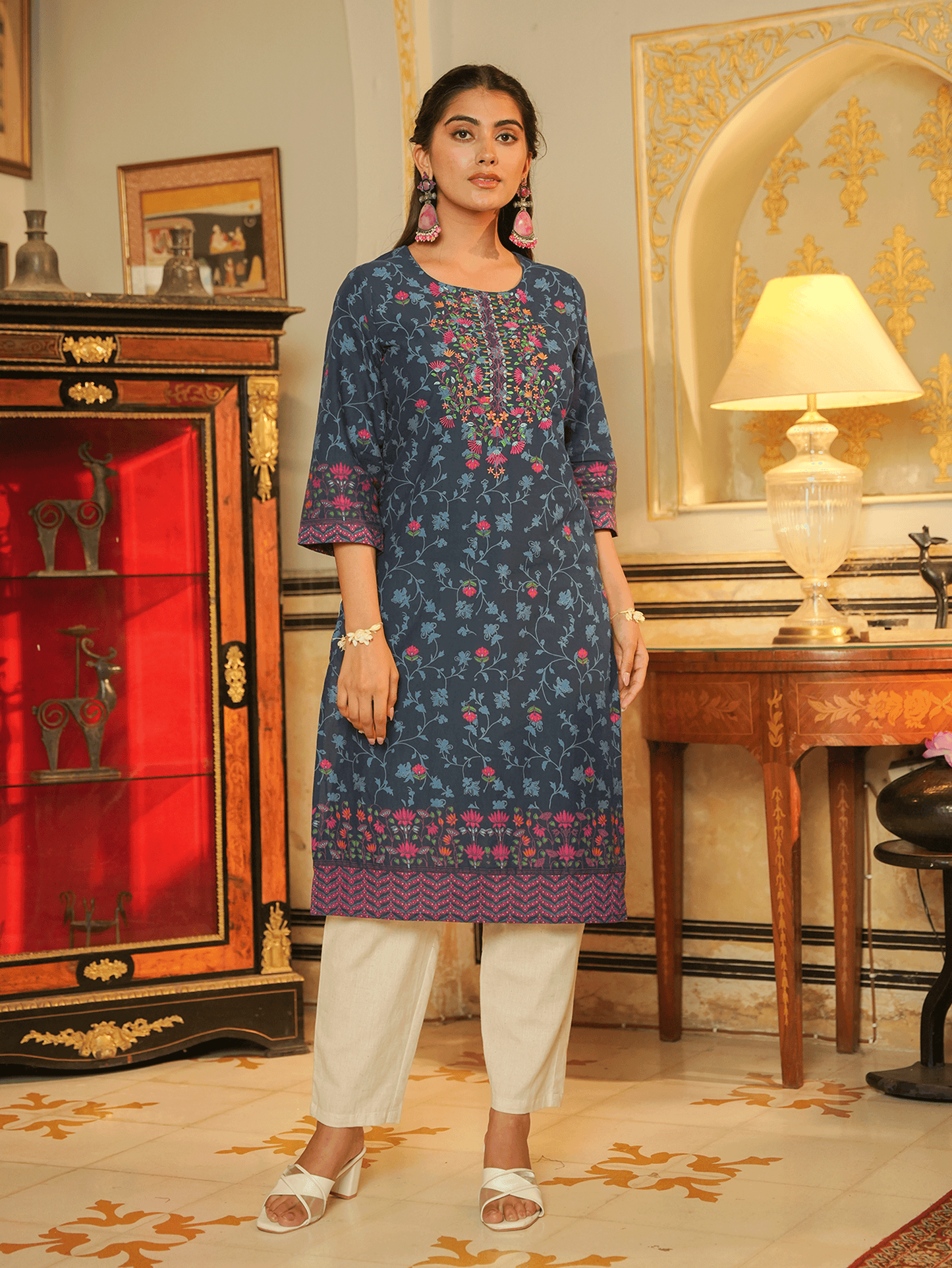 Embroidered Soft Cotton Floral Straight Indigo blue Kurta
