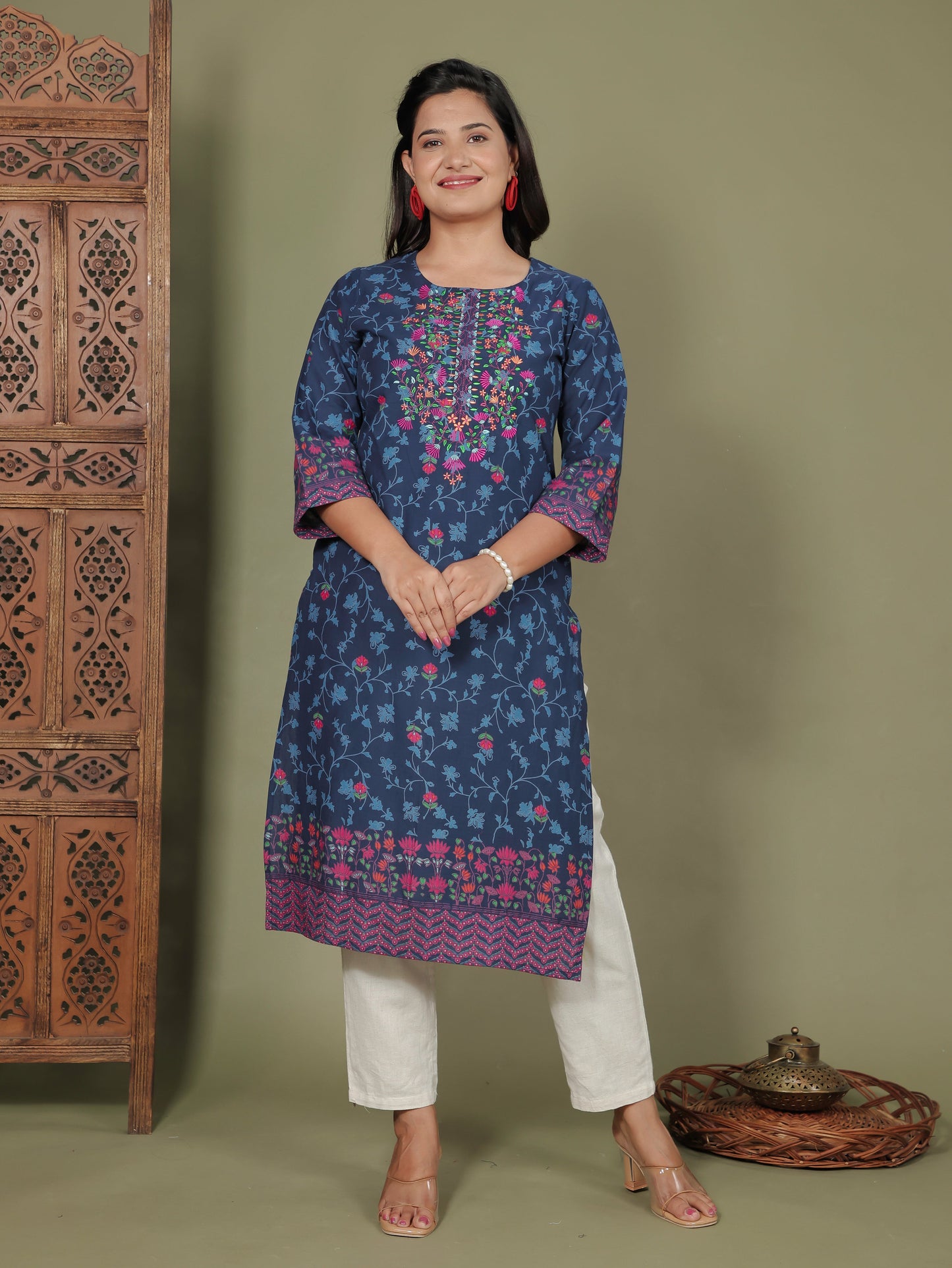 Embroidered Soft Cotton Floral Straight Indigo blue Kurta