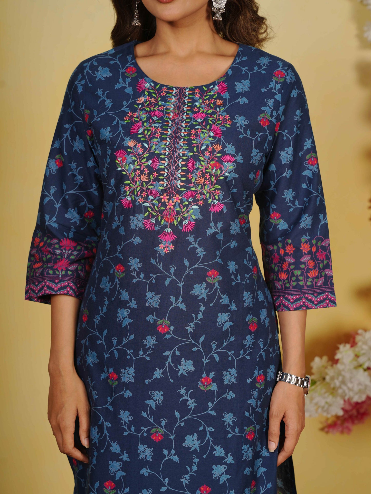 Embroidered Soft Cotton Floral Straight Indigo blue Kurta