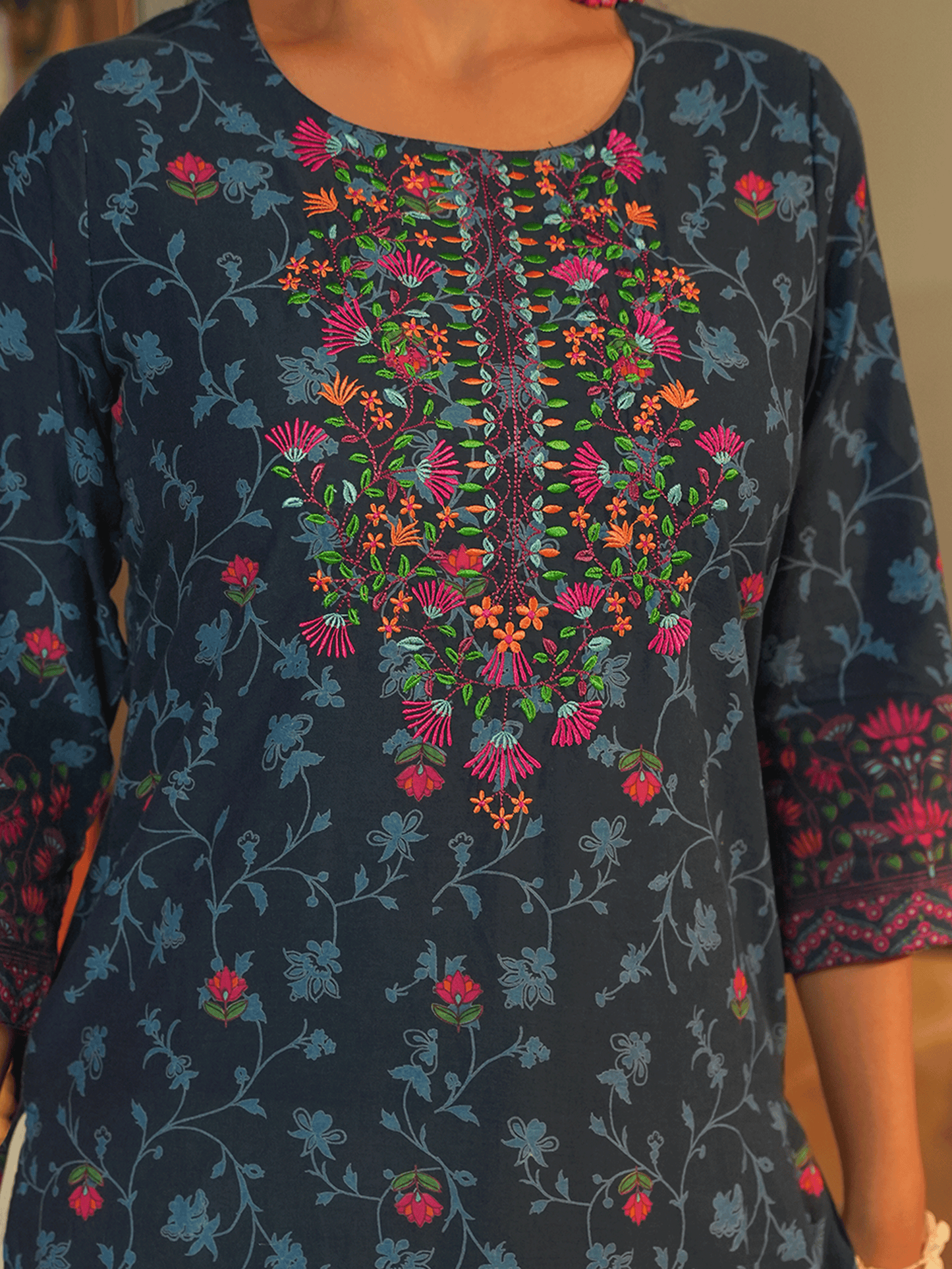 Embroidered Soft Cotton Floral Straight Indigo blue Kurta