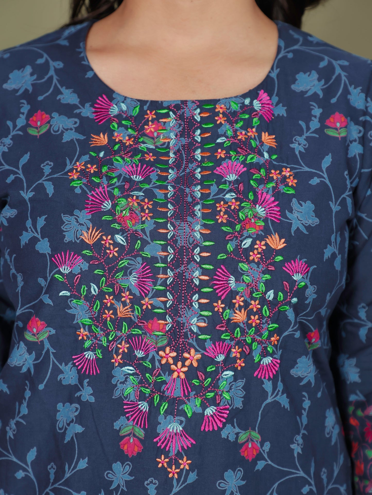 Embroidered Soft Cotton Floral Straight Indigo blue Kurta