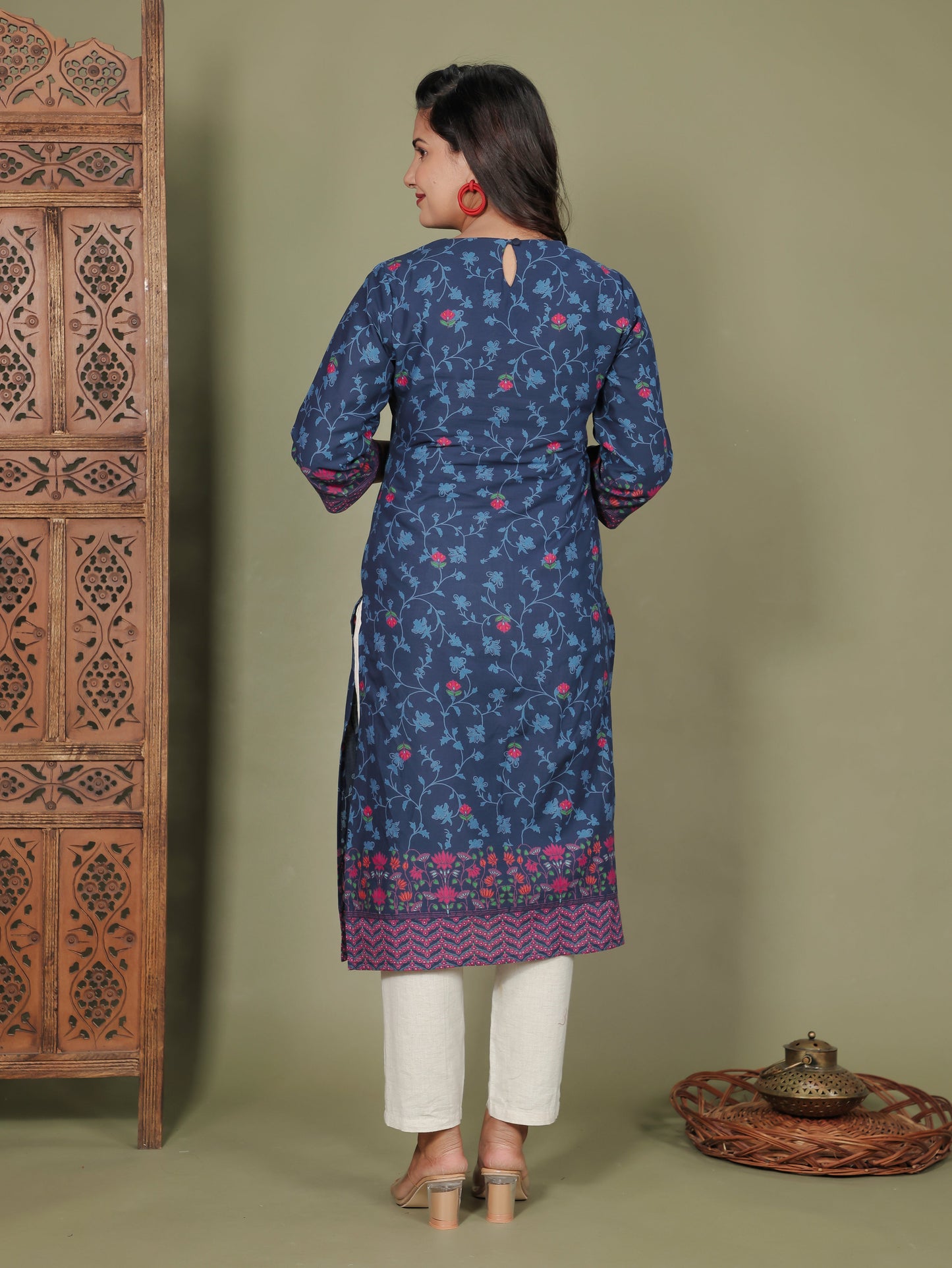 Embroidered Soft Cotton Floral Straight Indigo blue Kurta