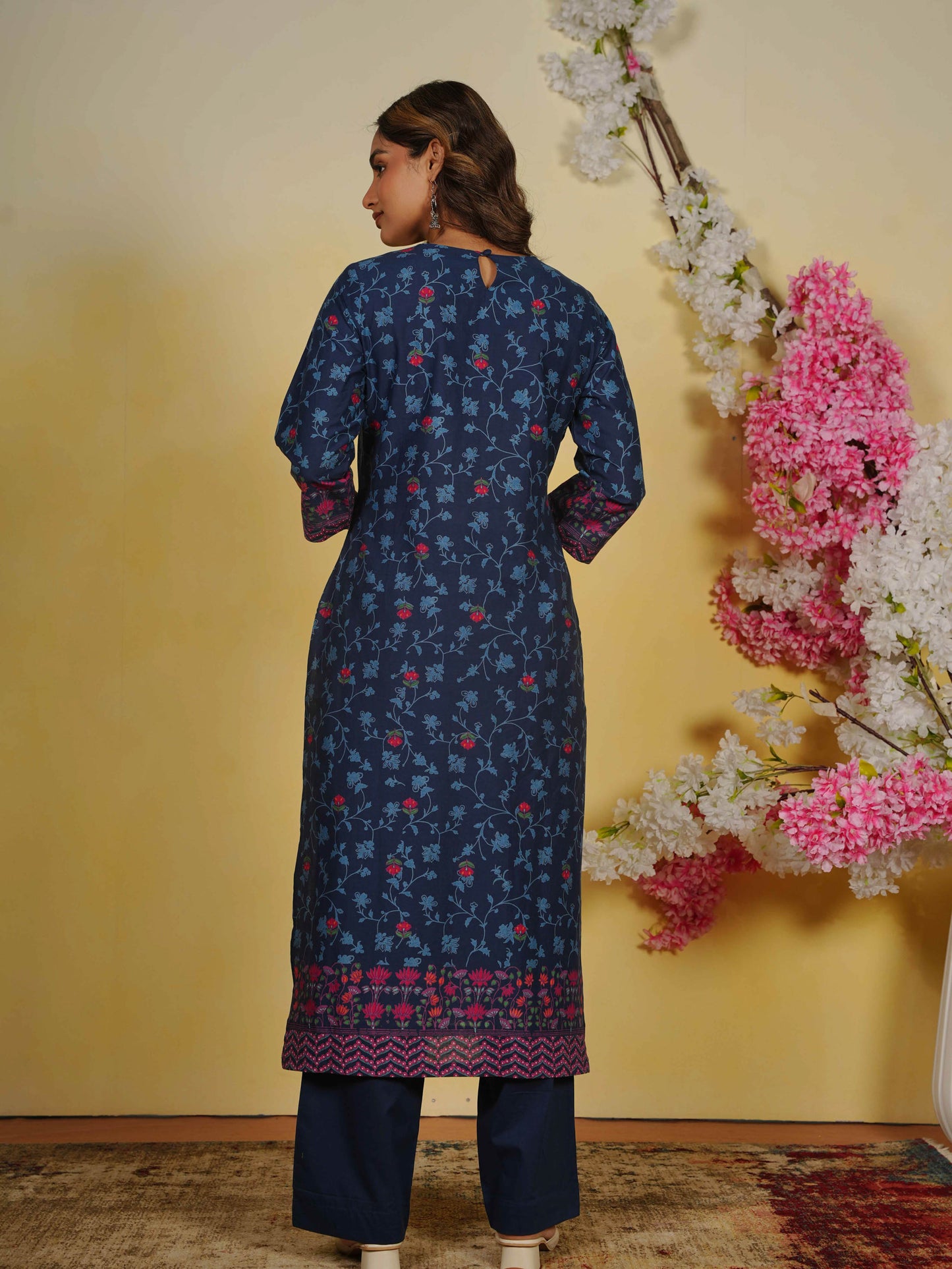 Embroidered Soft Cotton Floral Straight Indigo blue Kurta