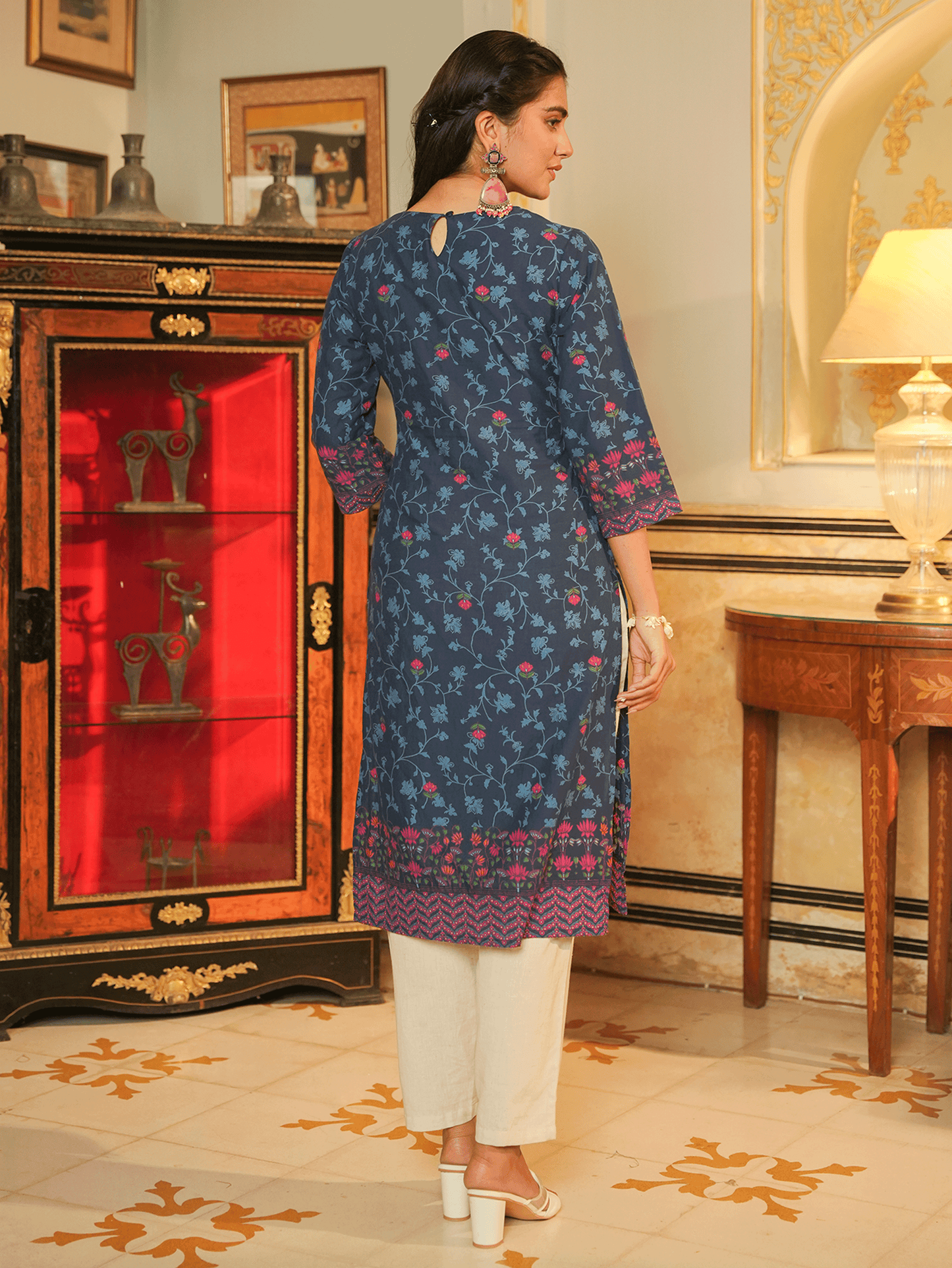 Embroidered Soft Cotton Floral Straight Indigo blue Kurta