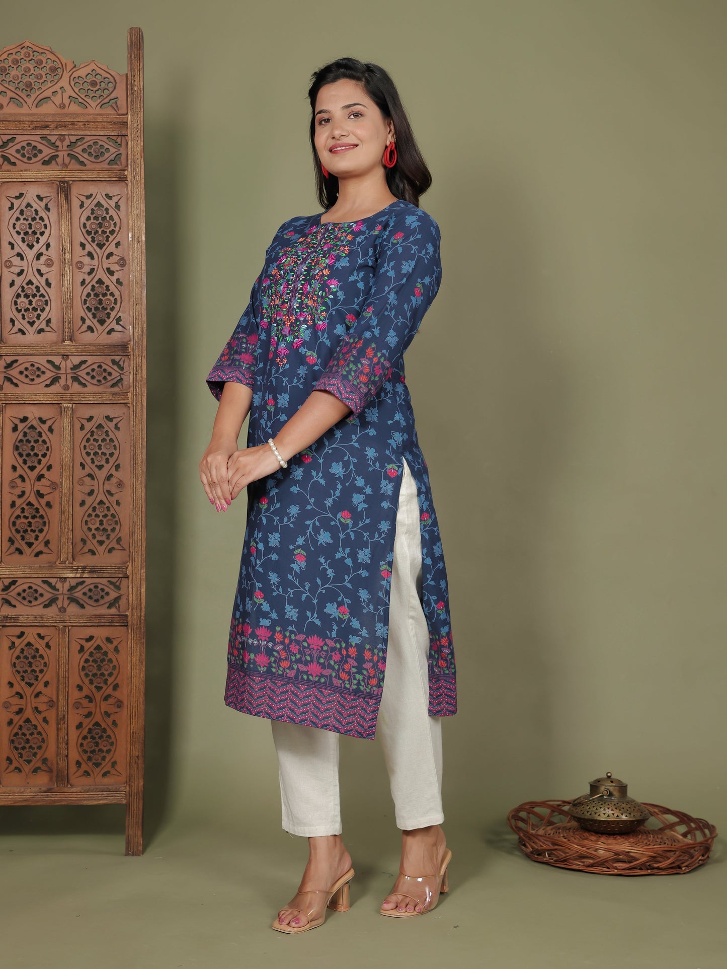 Embroidered Soft Cotton Floral Straight Indigo blue Kurta