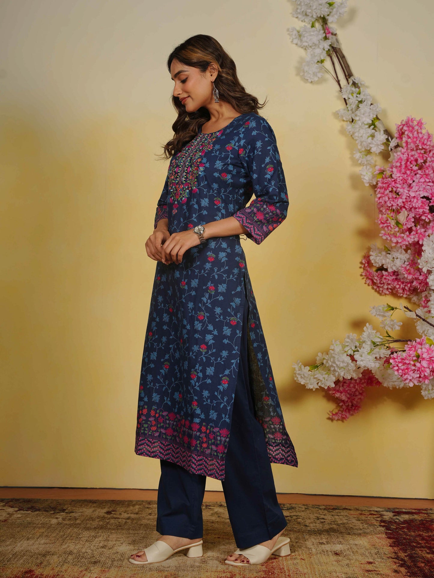 Embroidered Soft Cotton Floral Straight Indigo blue Kurta