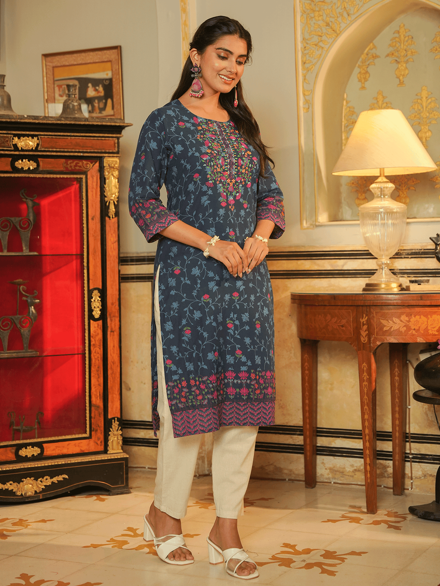 Embroidered Soft Cotton Floral Straight Indigo blue Kurta