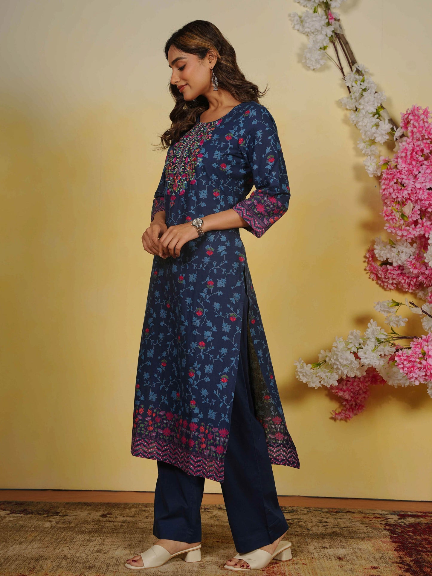 Embroidered Soft Cotton Floral Straight Indigo blue Kurta