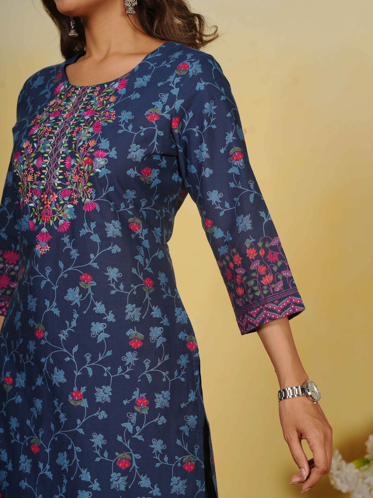 Embroidered Soft Cotton Floral Straight Indigo blue Kurta