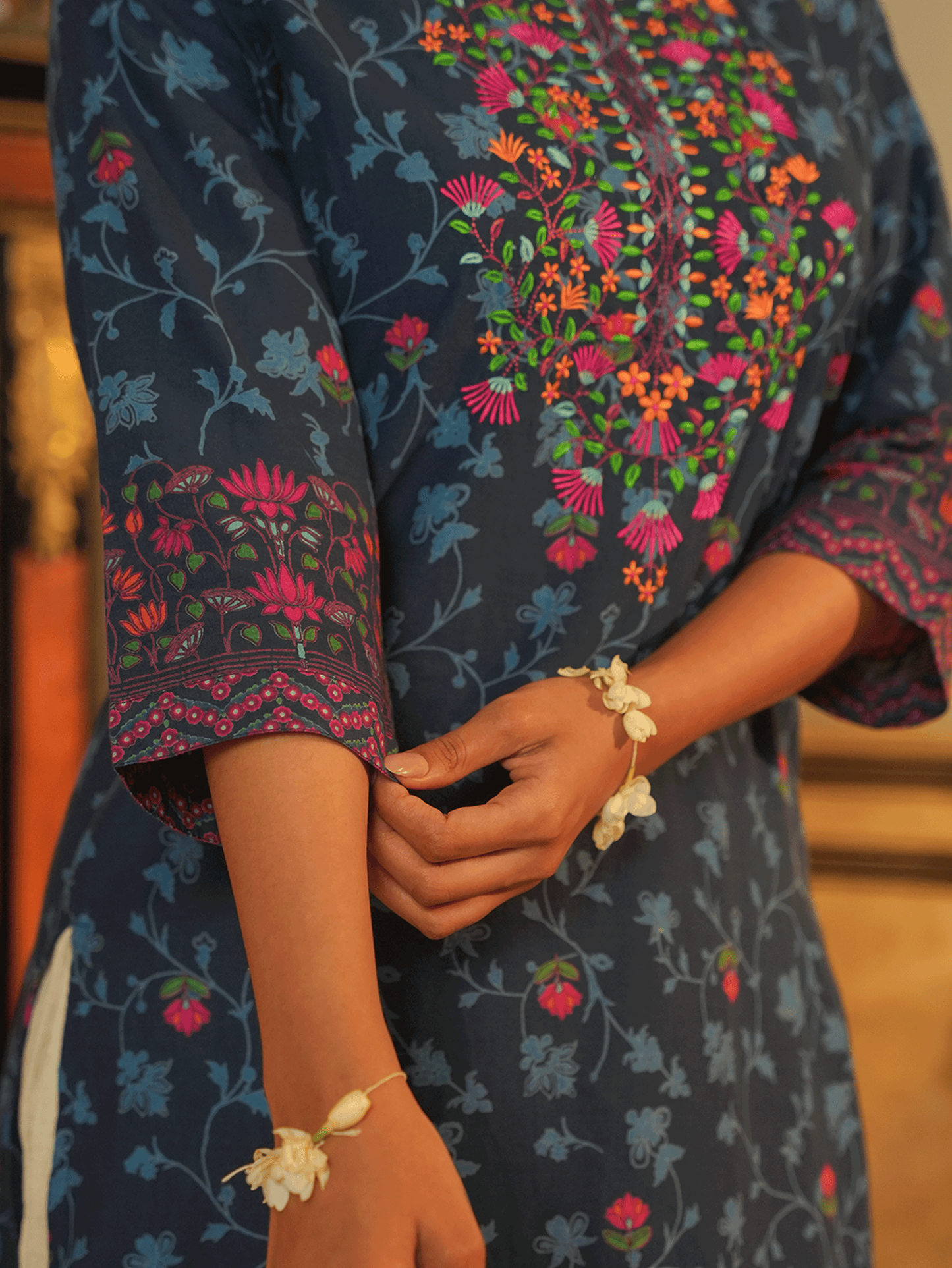 Embroidered Soft Cotton Floral Straight Indigo blue Kurta