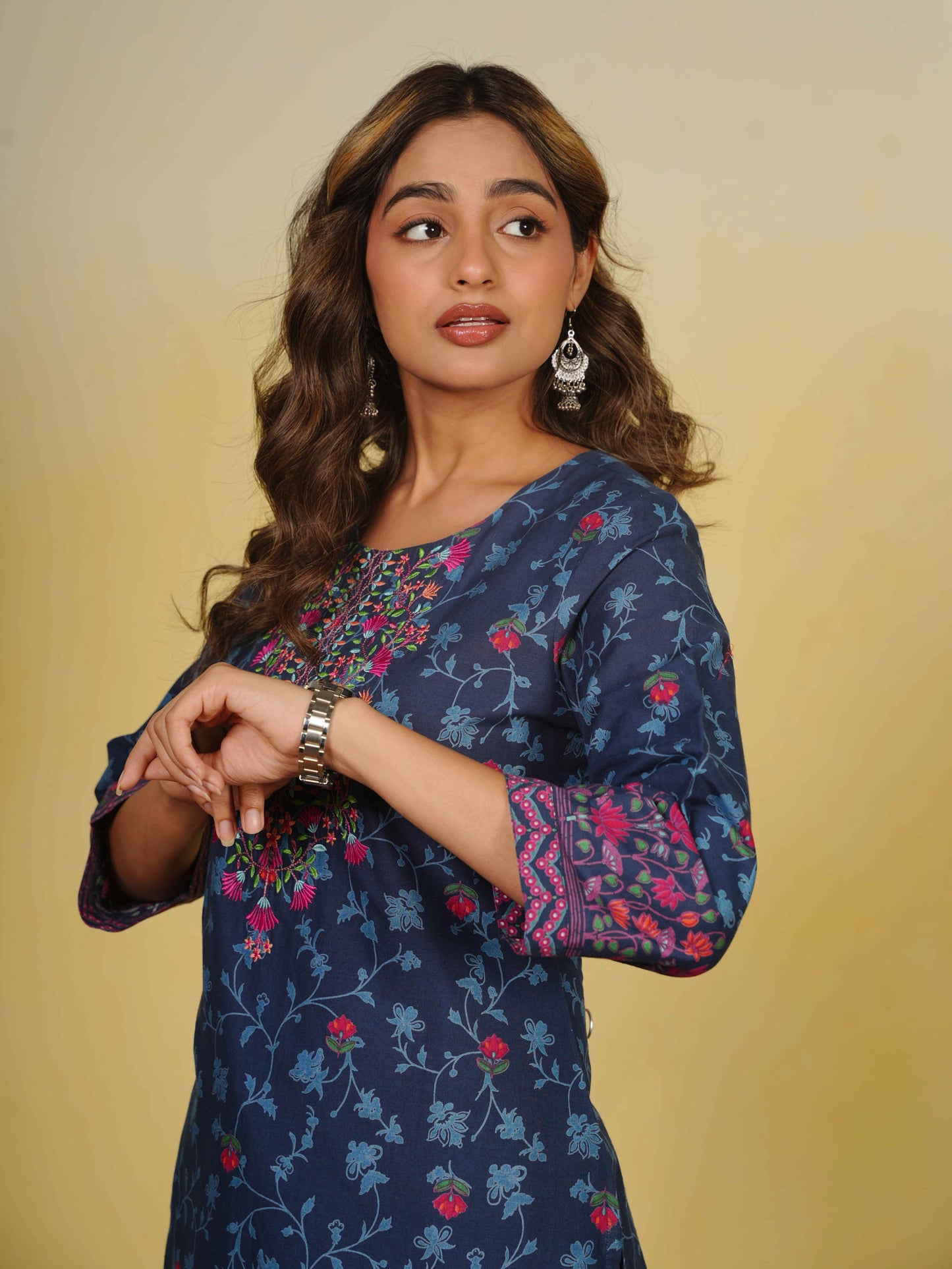 Embroidered Soft Cotton Floral Straight Indigo blue Kurta