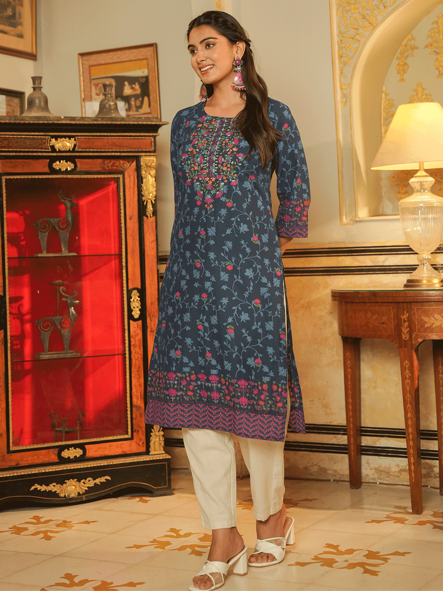 Embroidered Soft Cotton Floral Straight Indigo blue Kurta