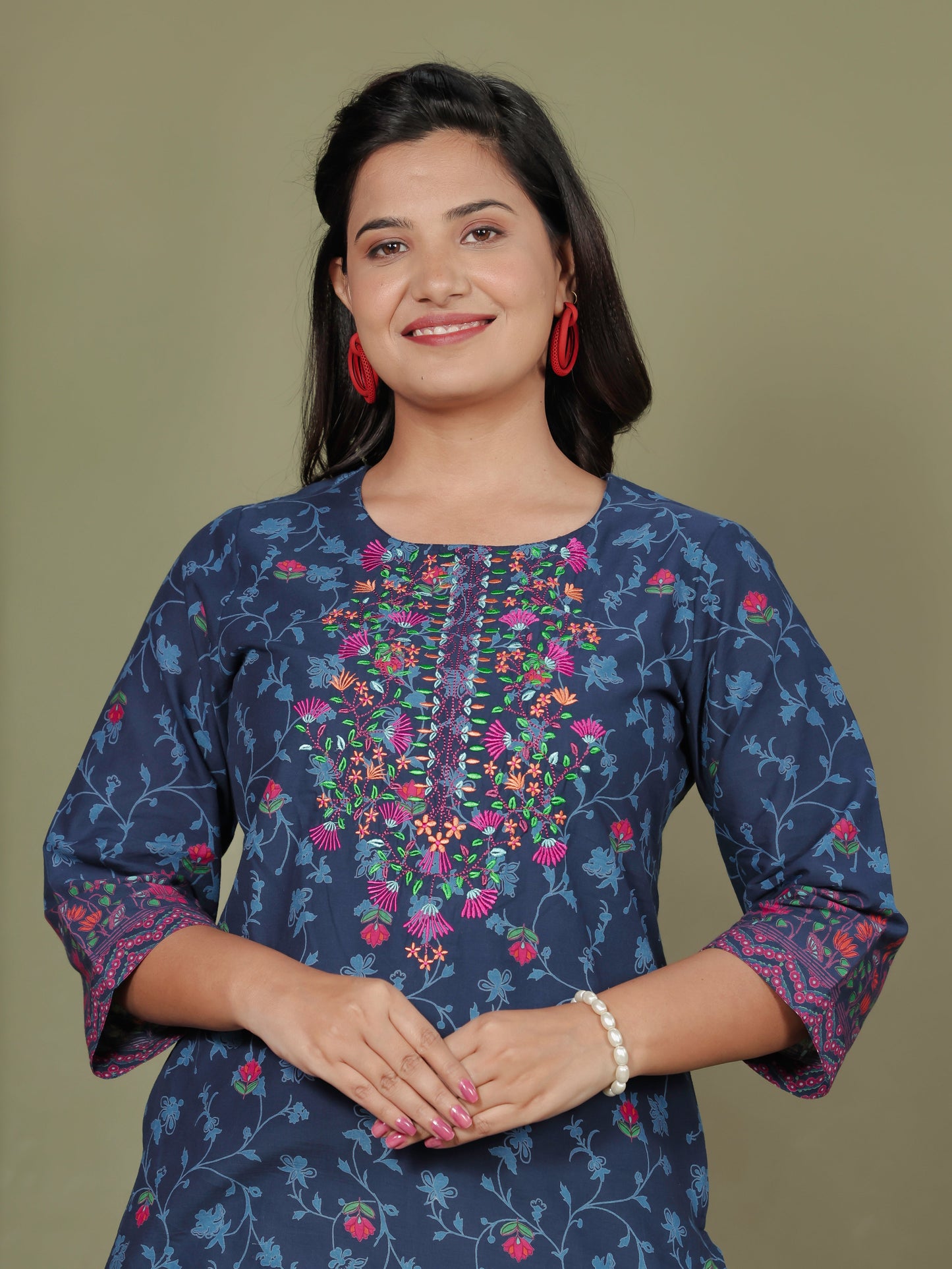 Embroidered Soft Cotton Floral Straight Indigo blue Kurta