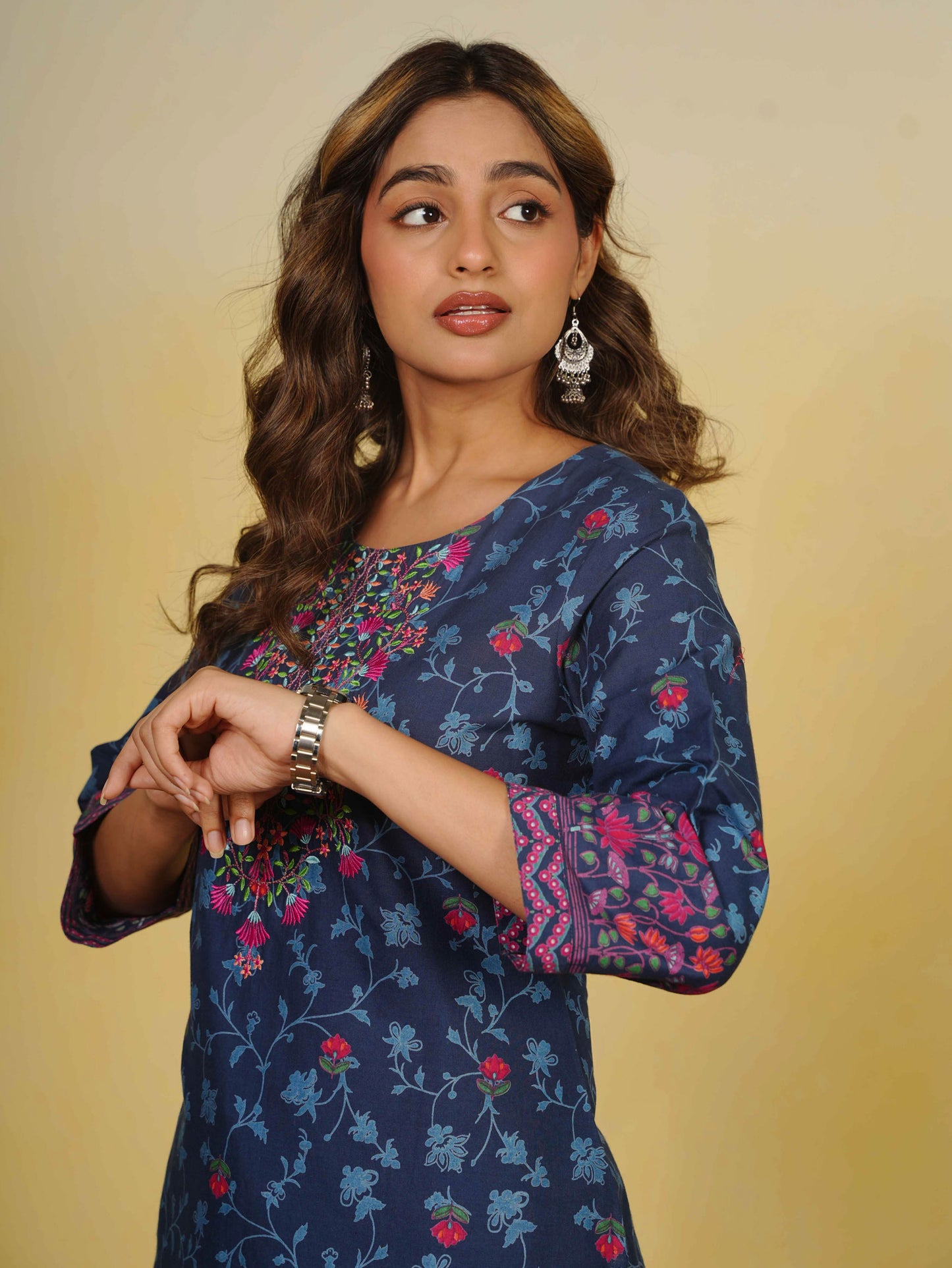 Embroidered Soft Cotton Floral Straight Indigo blue Kurta