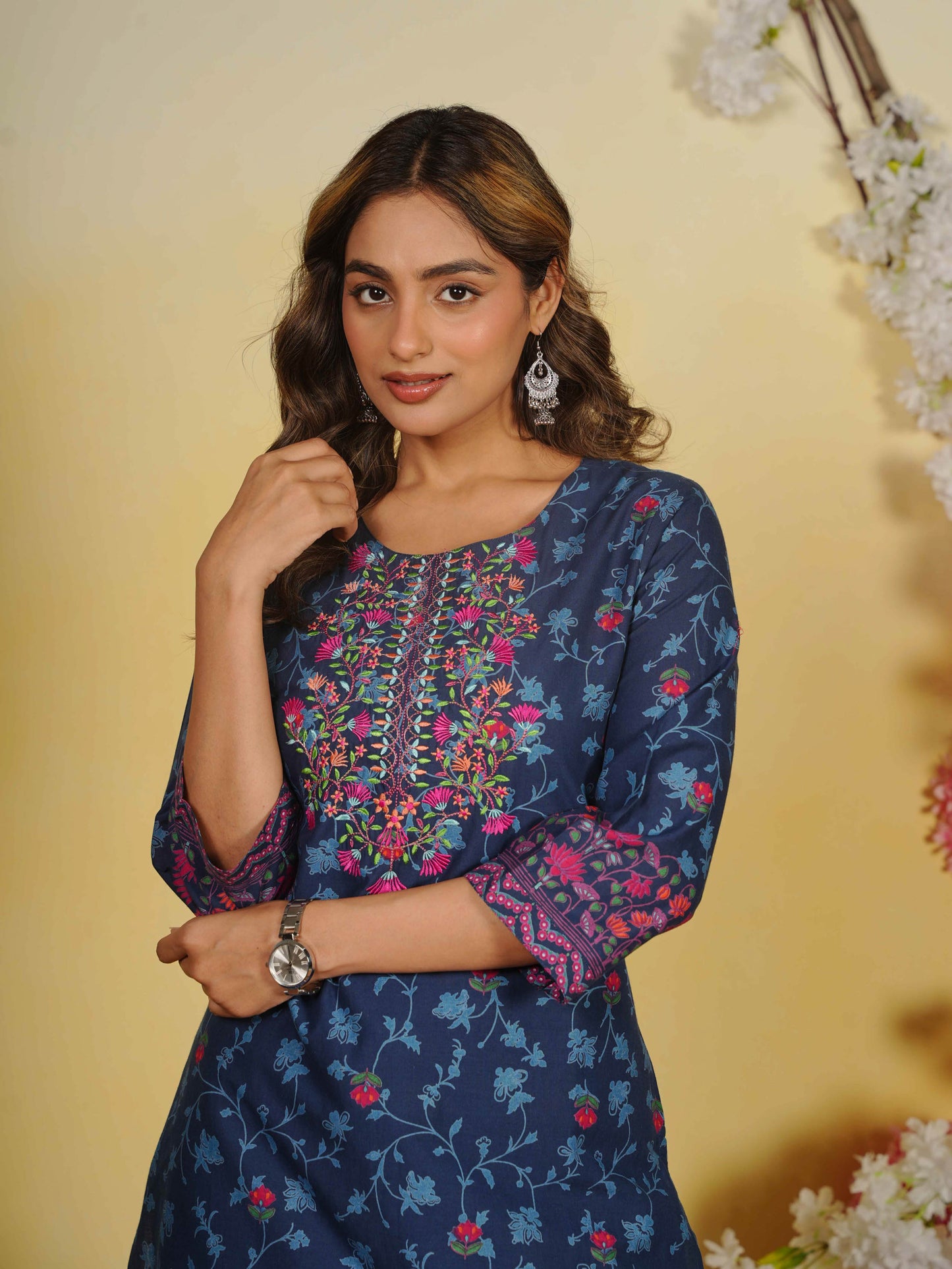 Embroidered Soft Cotton Floral Straight Indigo blue Kurta