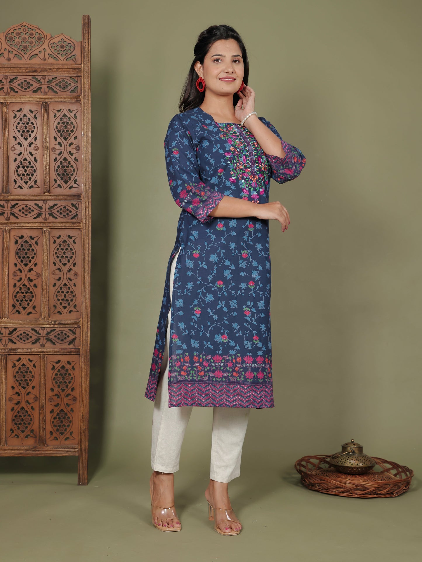 Embroidered Soft Cotton Floral Straight Indigo blue Kurta