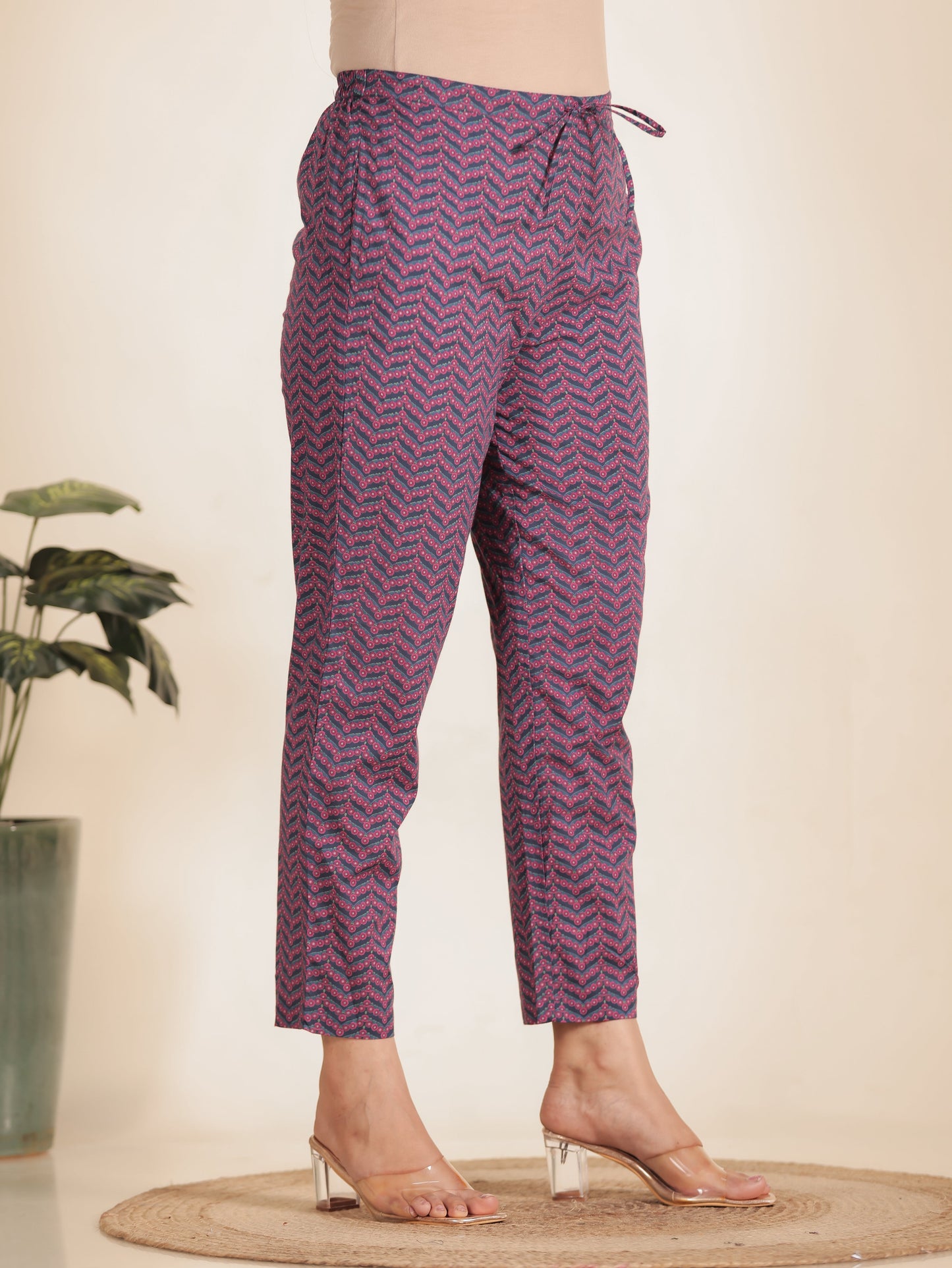 Soft Cotton Chevron Pink Tapered Trousers
