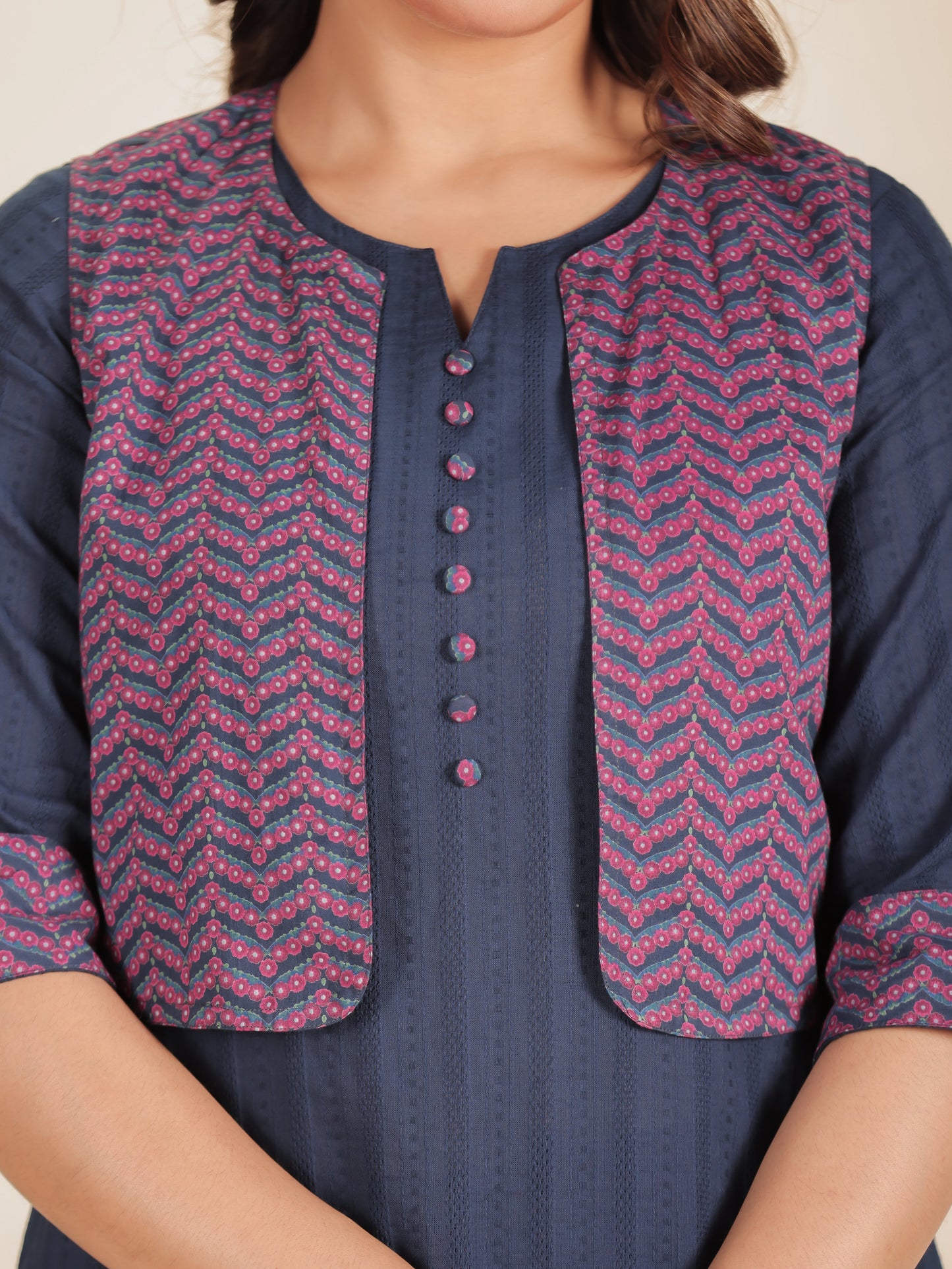 Textured Cotton Solid Straight Blue Kurta