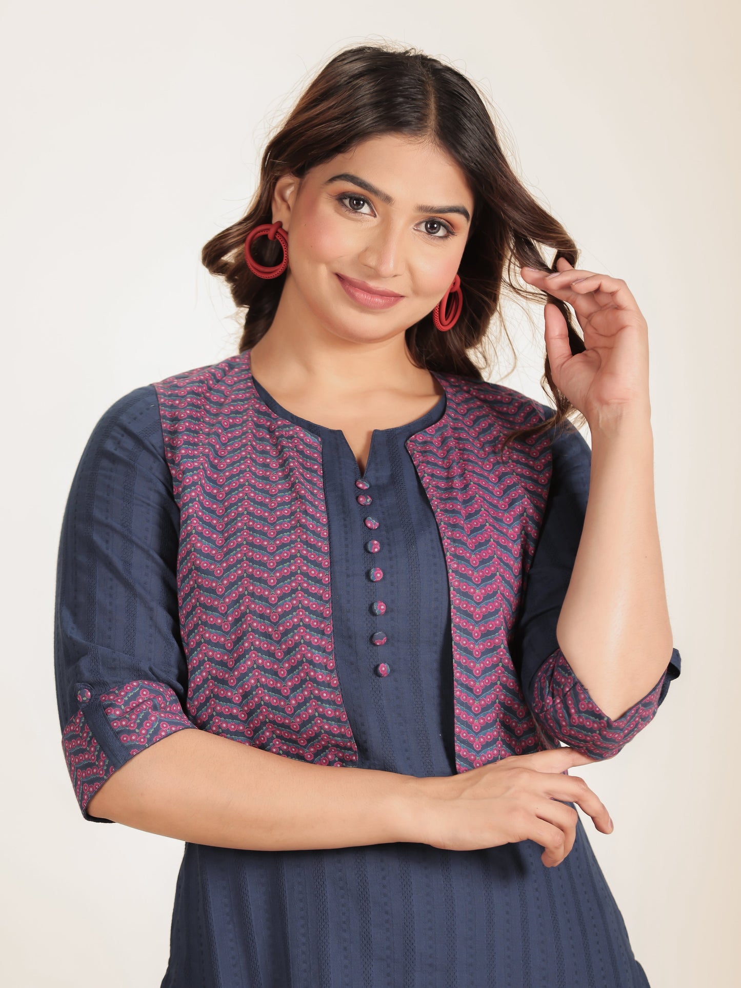 Textured Cotton Solid Straight Blue Kurta