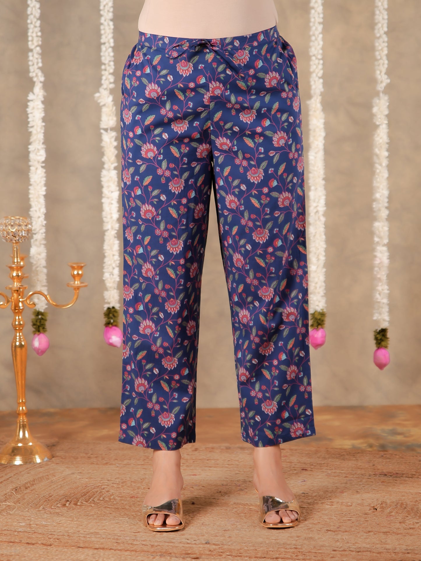 Soft Cotton Floral Blue Straight Trousers