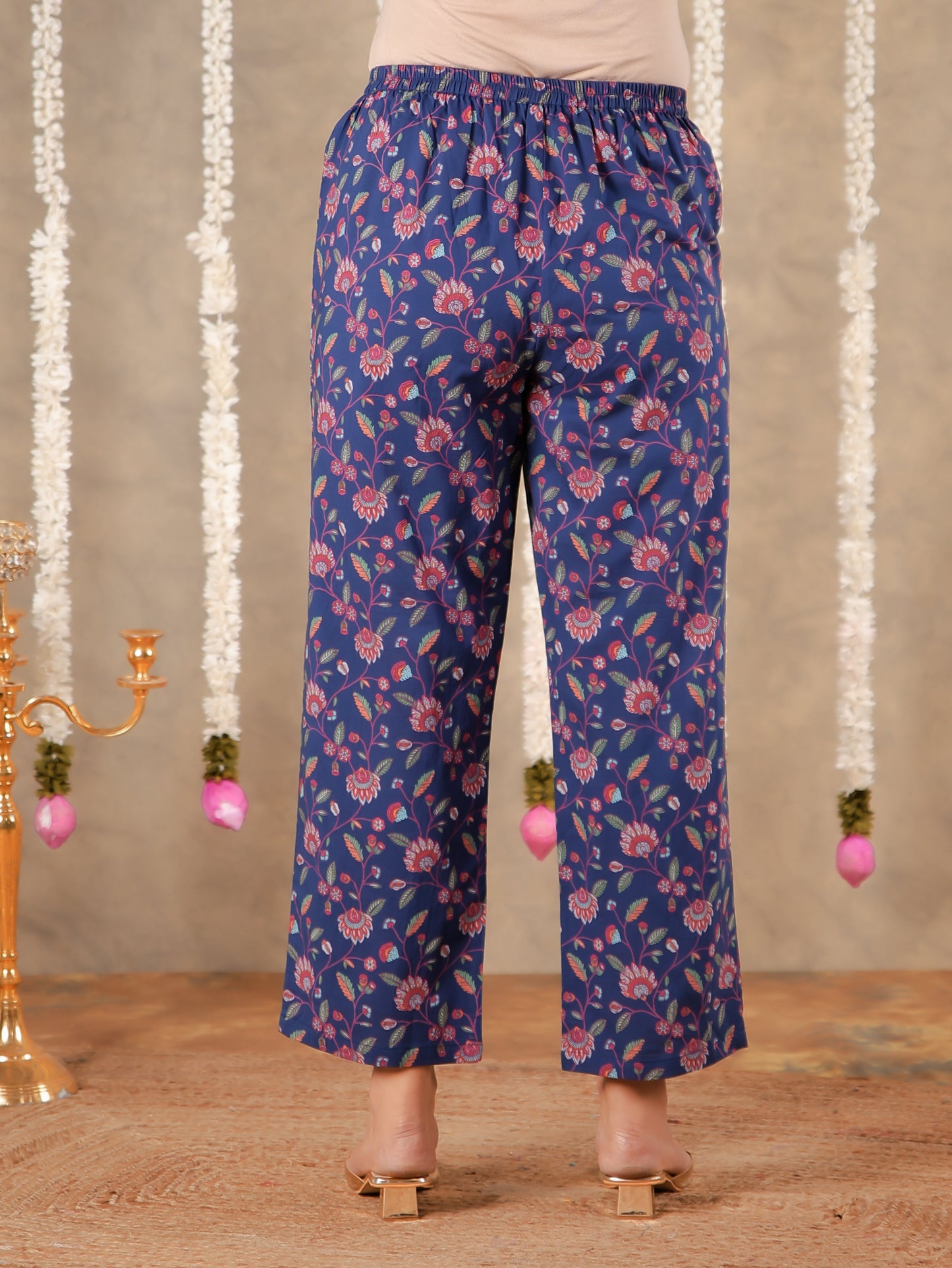 Soft Cotton Floral Blue Straight Trousers