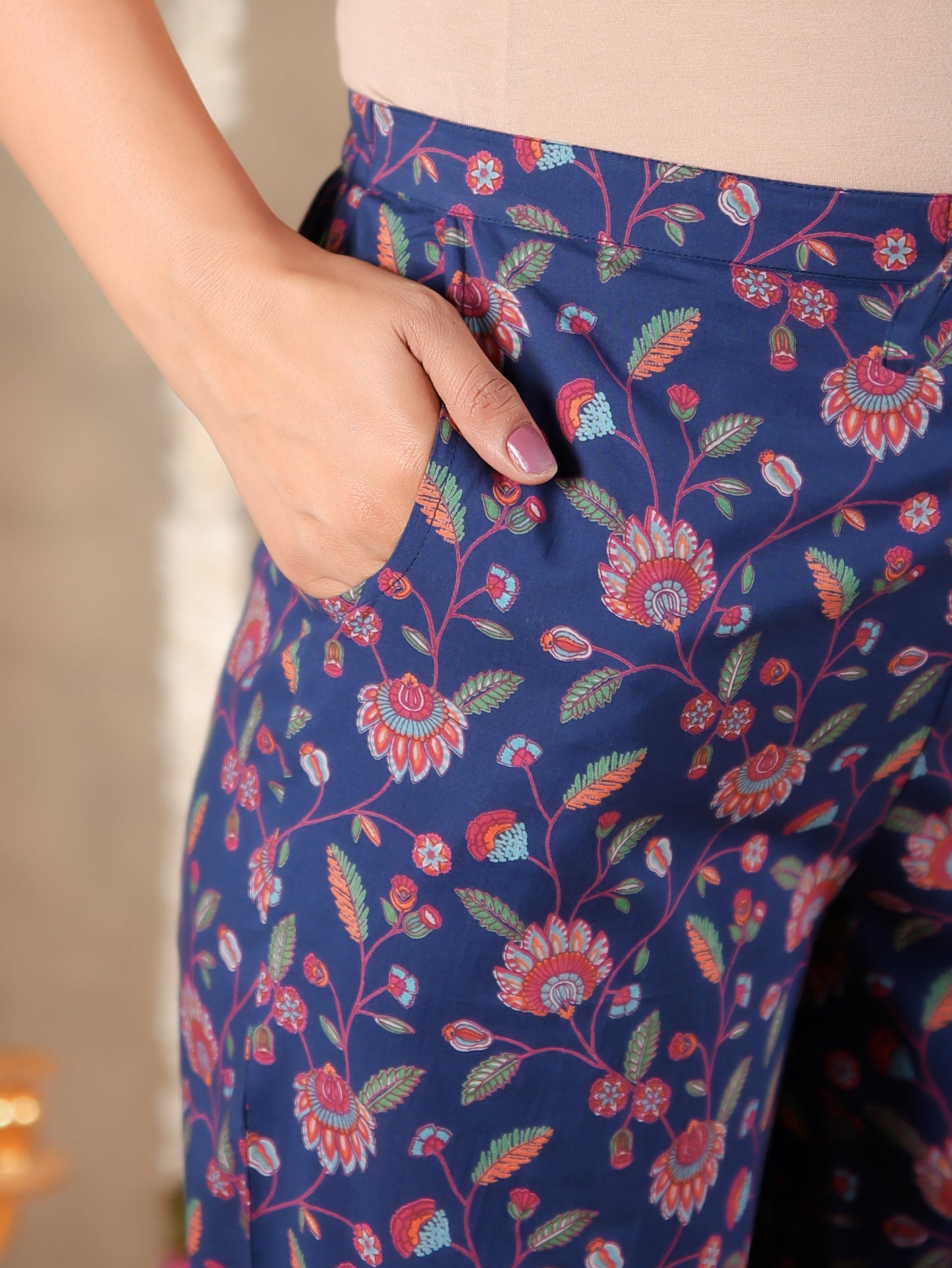 Soft Cotton Floral Blue Straight Trousers