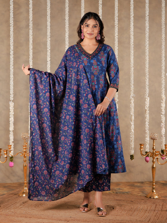 Voile Cotton Floral Blue Dupatta