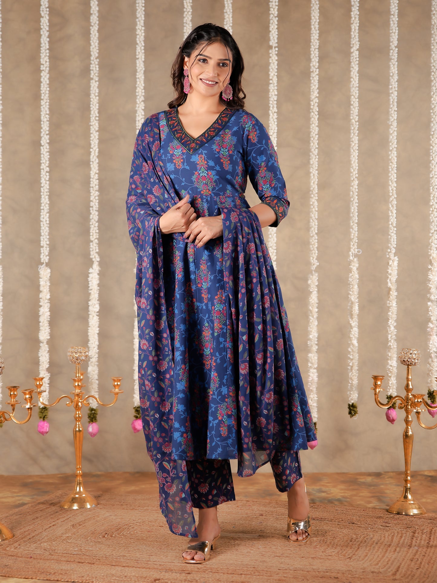 Voile Cotton Floral Blue Dupatta