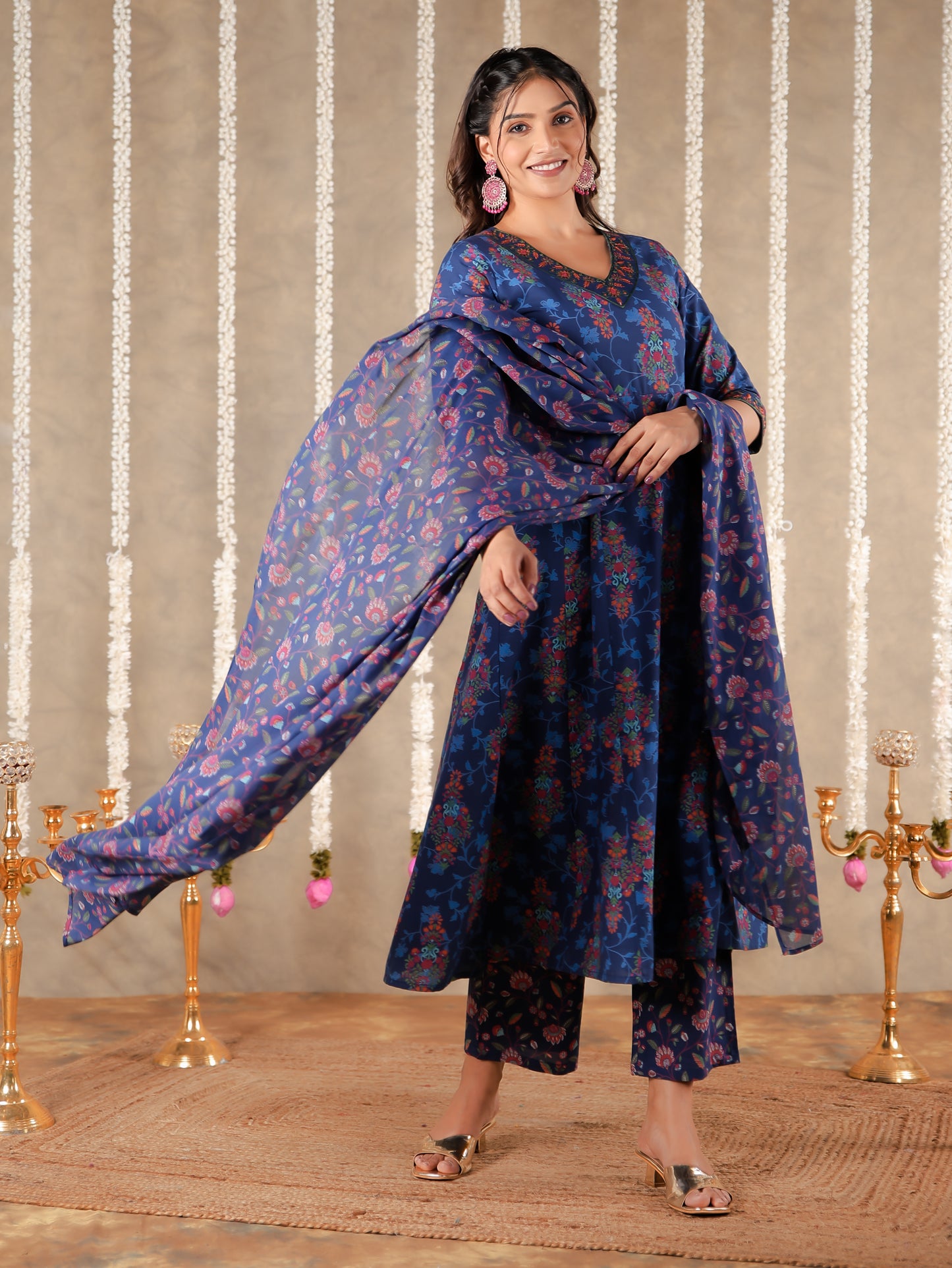 Voile Cotton Floral Blue Dupatta