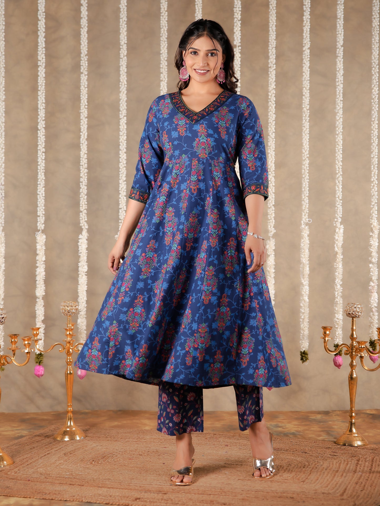 Embroidered Soft Cotton Floral Straight Blue Kurta